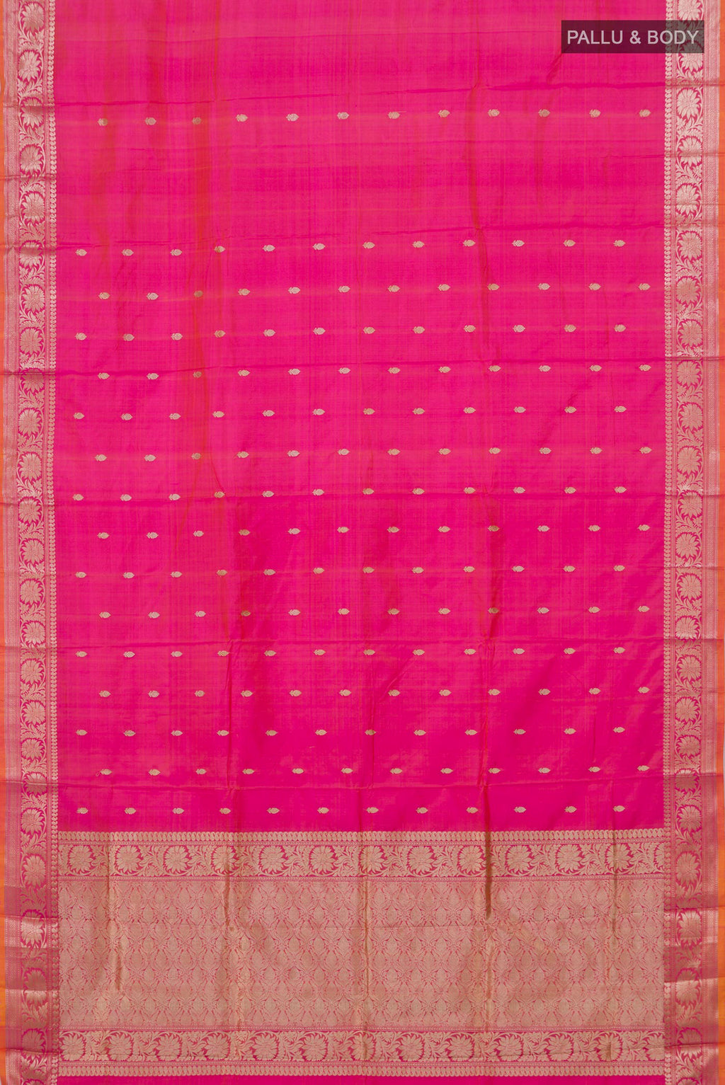 Flat view of Pink Banarasi Katan Silk Saree with Zari Butta on the body and Zari Border. 