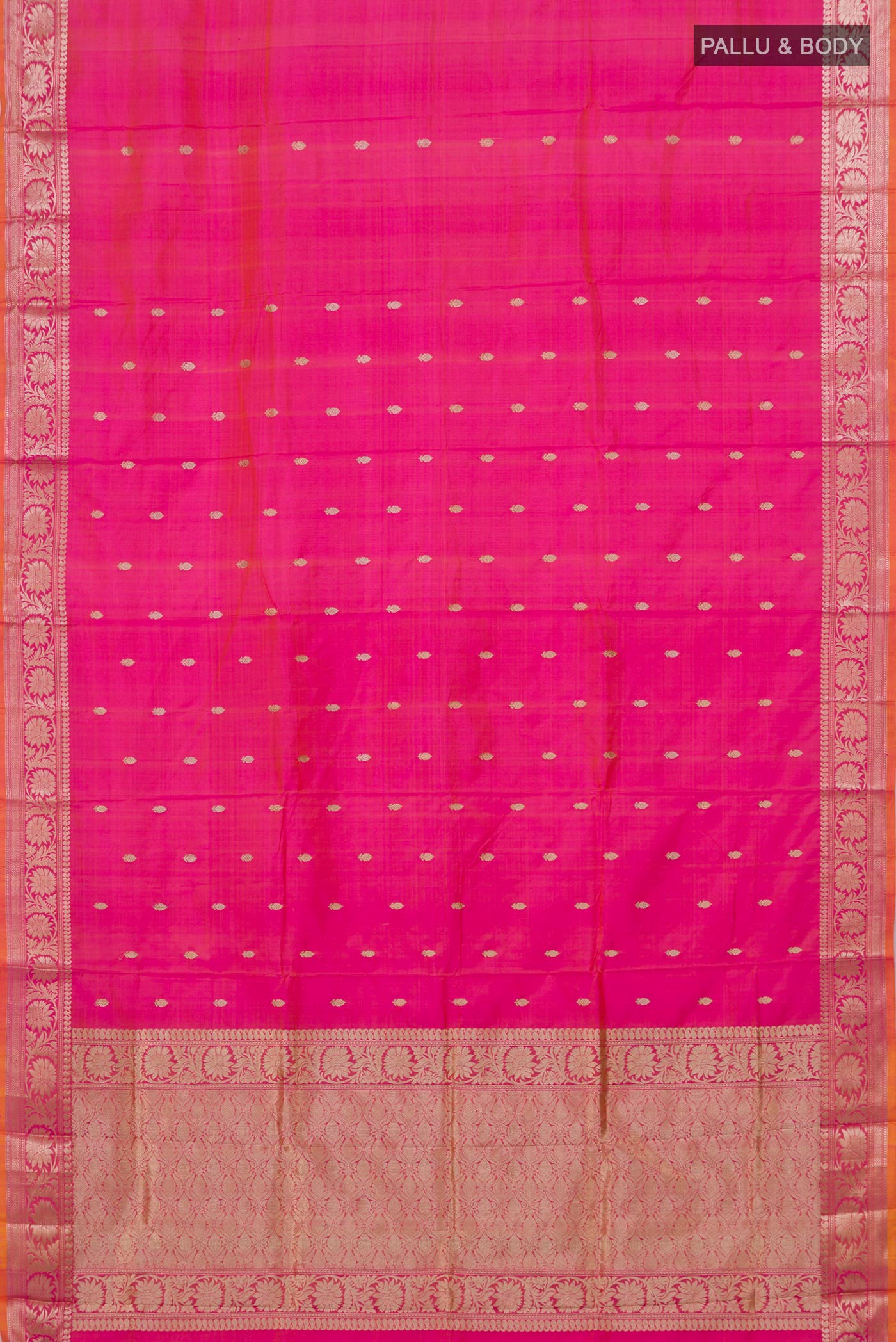 Flat view of Pink Banarasi Katan Silk Saree with Zari Butta on the body and Zari Border. 