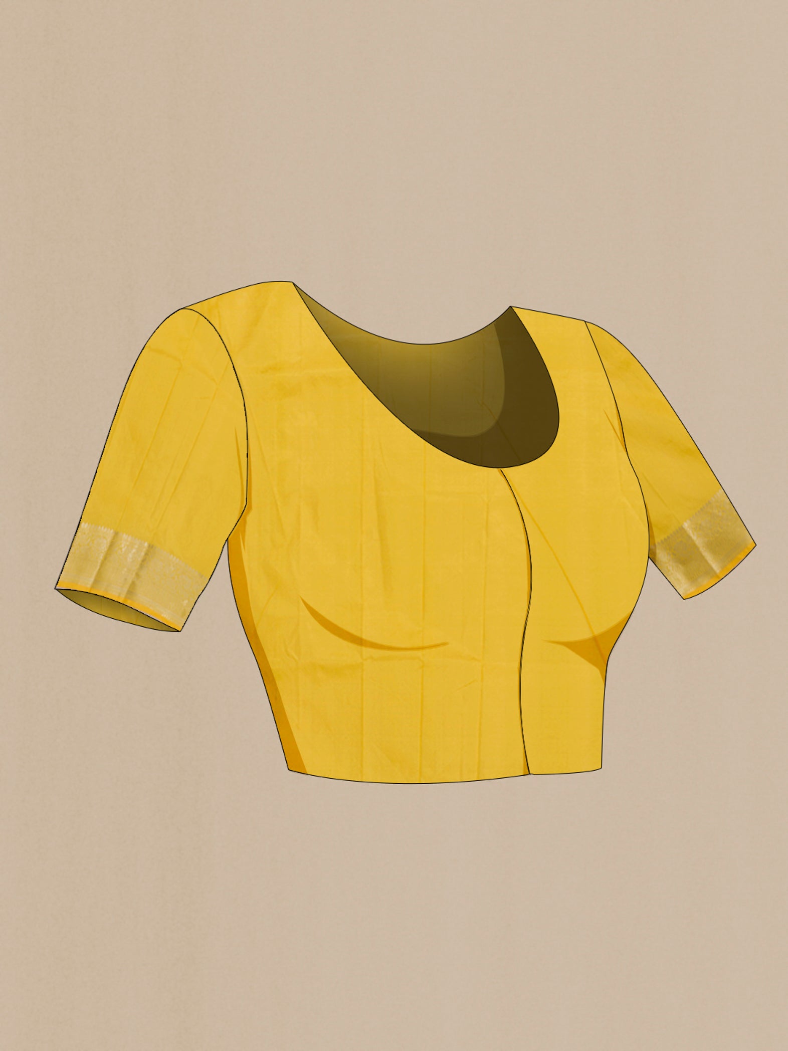Close up image of the blouse of Lemon Yellow Banarasi Katan Silk Saree with Zari Butta on the body and Zari Border. 