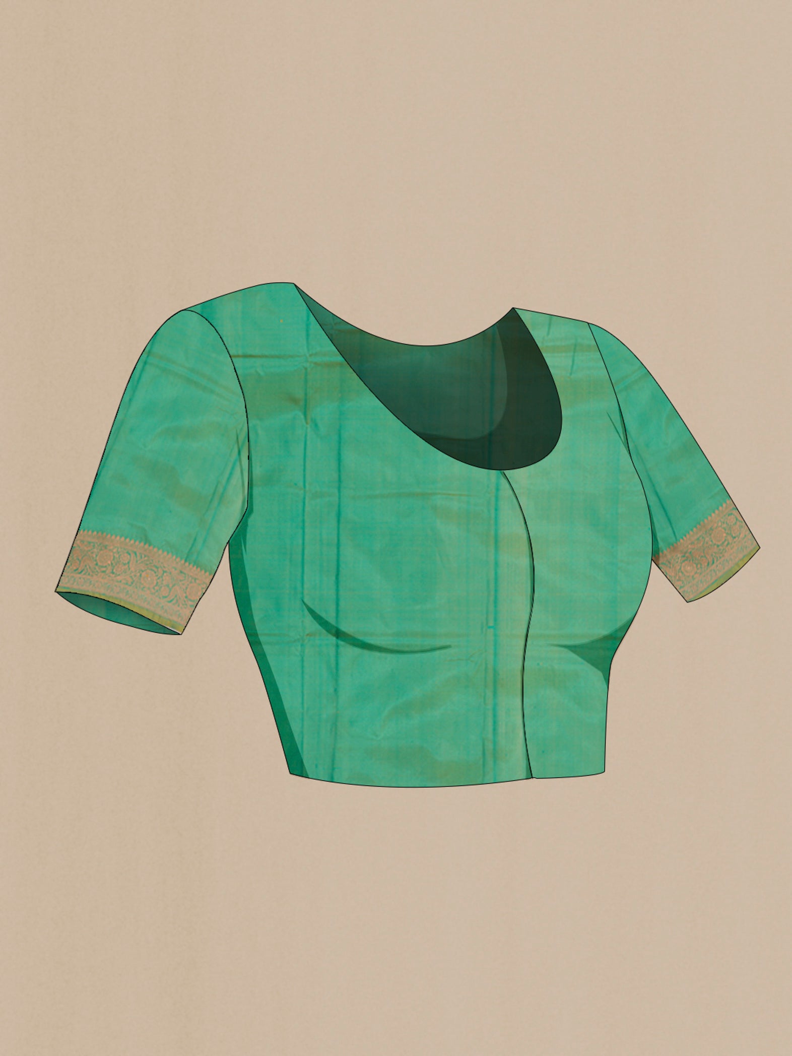 Close up image of the blouse of Sea Green Banarasi Katan Silk Saree with Zari Butta on the body and Zari Border. 