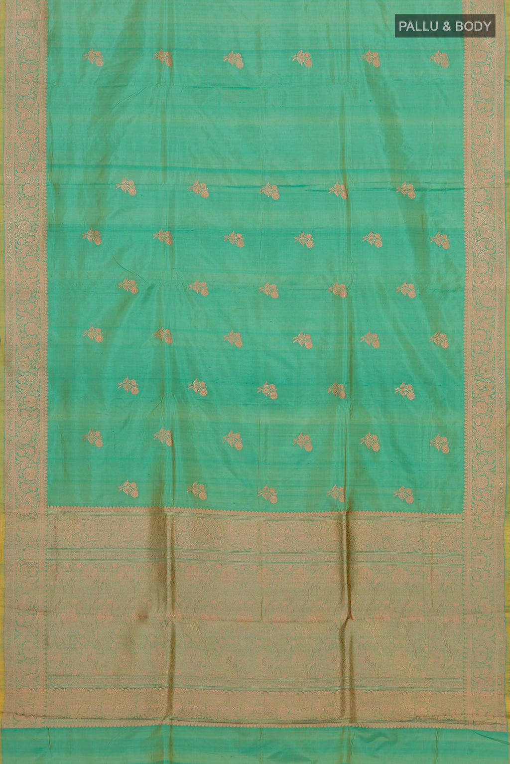 Flat view of Sea Green Banarasi Katan Silk Saree with Zari Butta on the body and Zari Border. 