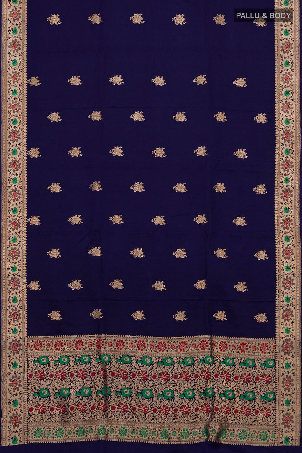 Flat view of Navy Blue Banarasi Katan Silk Saree with Zari Butta on the body and Zari Border. 