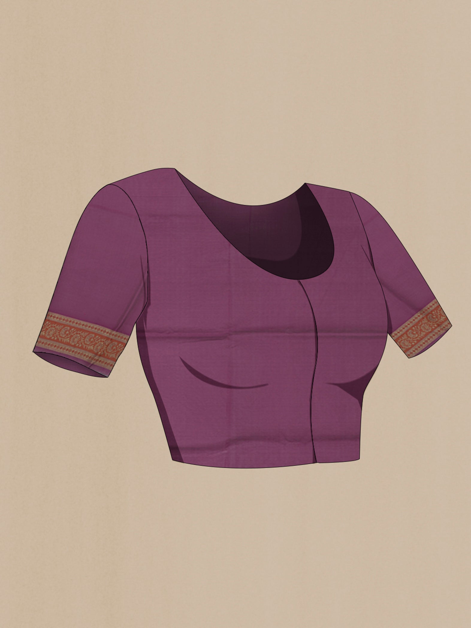 Close up image of the blouse of Mauve Banarasi Silk Saree with Zari And Thread Butta on the body and Zari Border. 