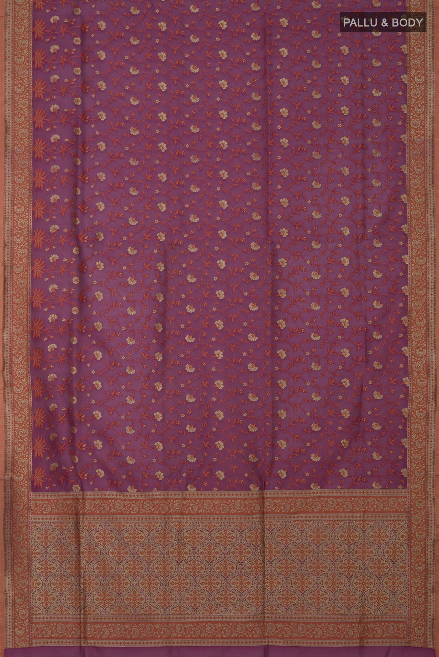 Flat view of Mauve Banarasi Silk Saree with Zari And Thread Butta on the body and Zari Border. 