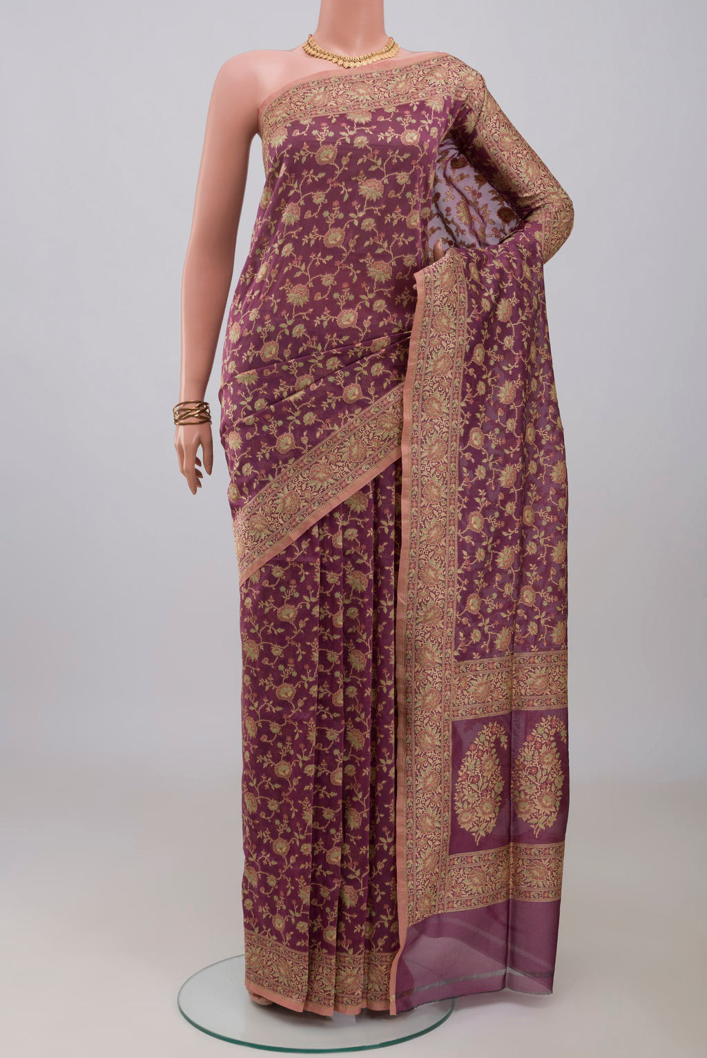 Lavender Banarasi Silk Saree with Thread Butta on the body and Thread Border.  displayed on a mannequin