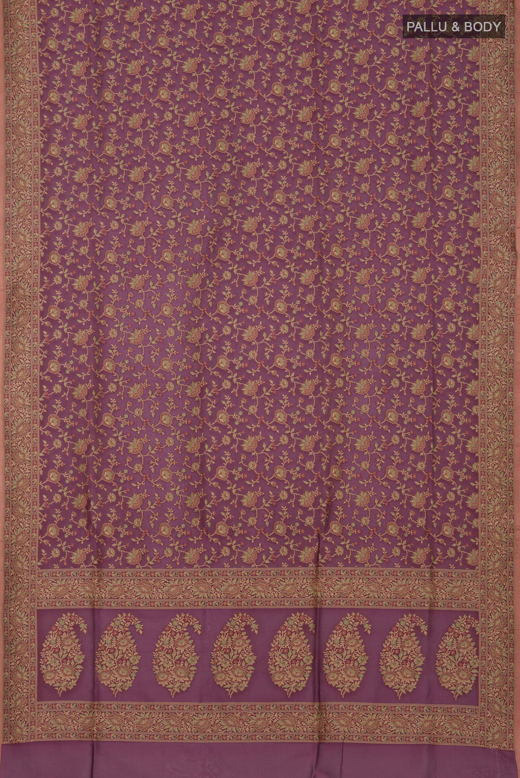 Flat view of Lavender Banarasi Silk Saree with Thread Butta on the body and Thread Border. 