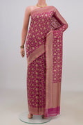 Pure Silk Pink Banarasi Saree with Zari Brocade on the body and Fancy Border.  displayed on a mannequin