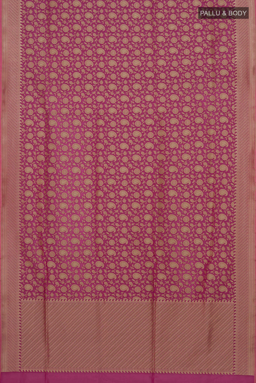 Flat view of Pure Silk Pink Banarasi Saree with Zari Brocade on the body and Fancy Border. 