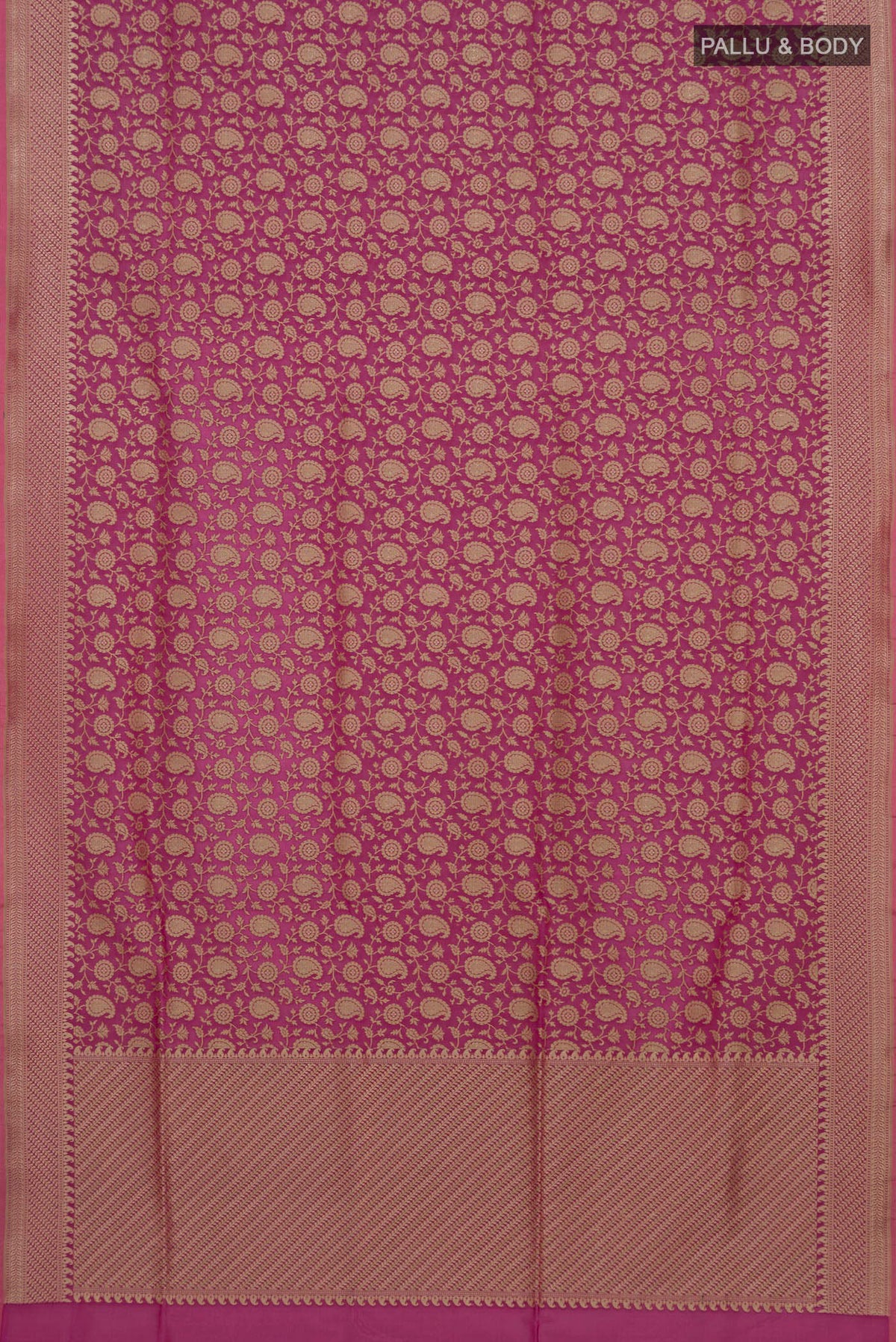 Flat view of Pure Silk Pink Banarasi Saree with Zari Brocade on the body and Fancy Border. 