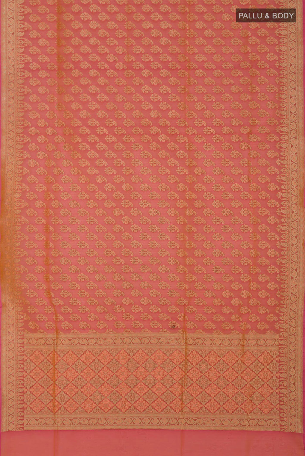 Flat view of Peach Banarasi Silk Saree with Zari Butta on the body and Zari Border. 