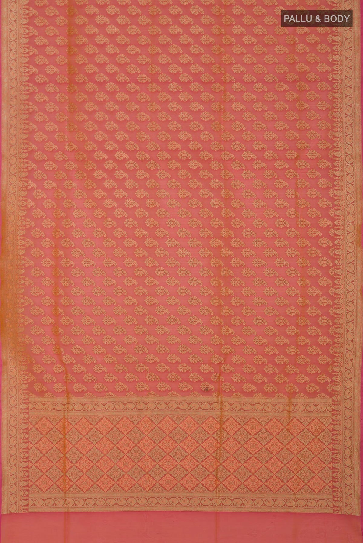 Flat view of Peach Banarasi Silk Saree with Zari Butta on the body and Zari Border. 