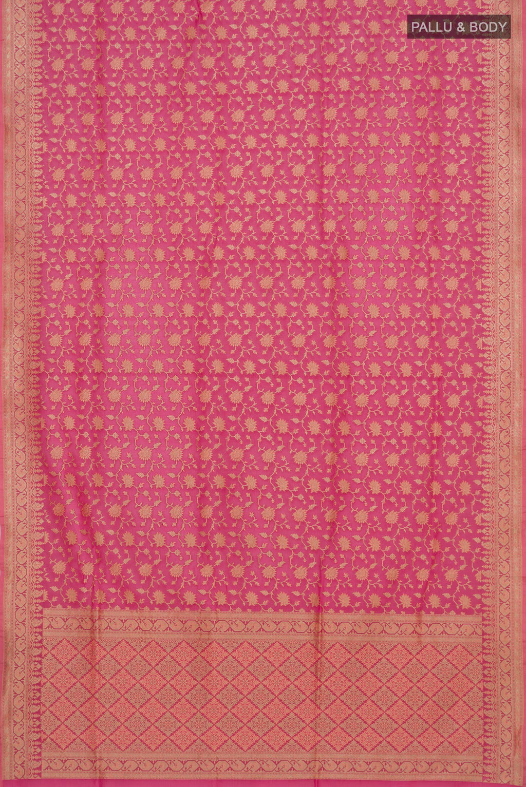 Flat view of Pure Silk Rose pink Banarasi Saree with Zari And Thread Butta on the body and Zari Border. 