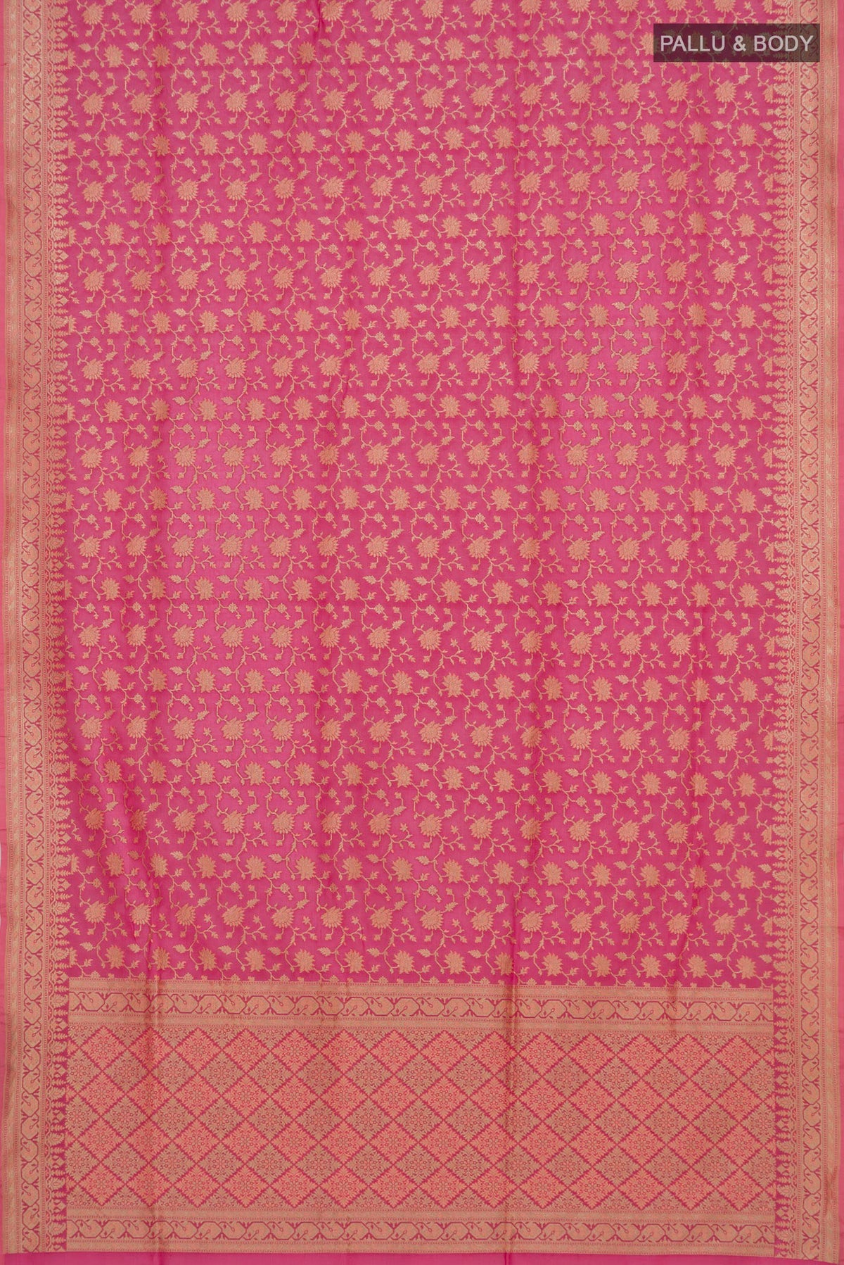 Flat view of Pure Silk Rose pink Banarasi Saree with Zari And Thread Butta on the body and Zari Border. 