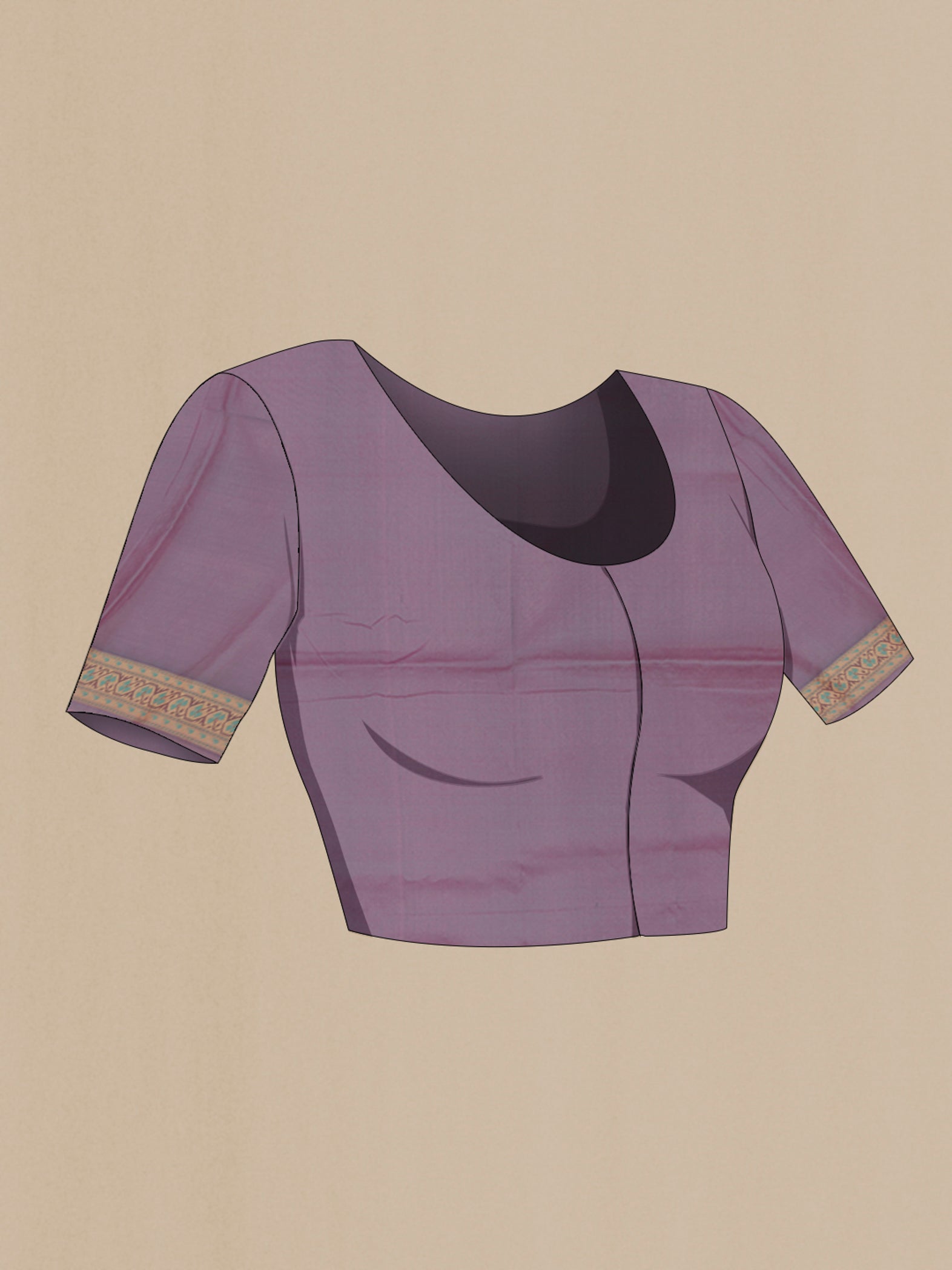 Close up image of the blouse of Lavender Banarasi Silk Saree with Zari Butta on the body and Zari Border. 