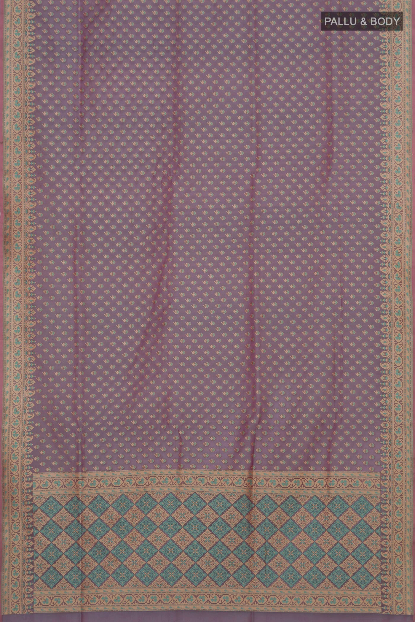 Flat view of Lavender Banarasi Silk Saree with Zari Butta on the body and Zari Border. 