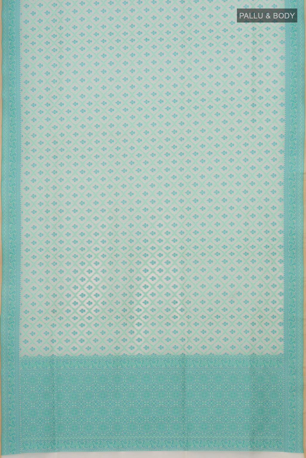 Flat view of Cream Banarasi Silk Saree with Thread Butta on the body and Thread Border. 
