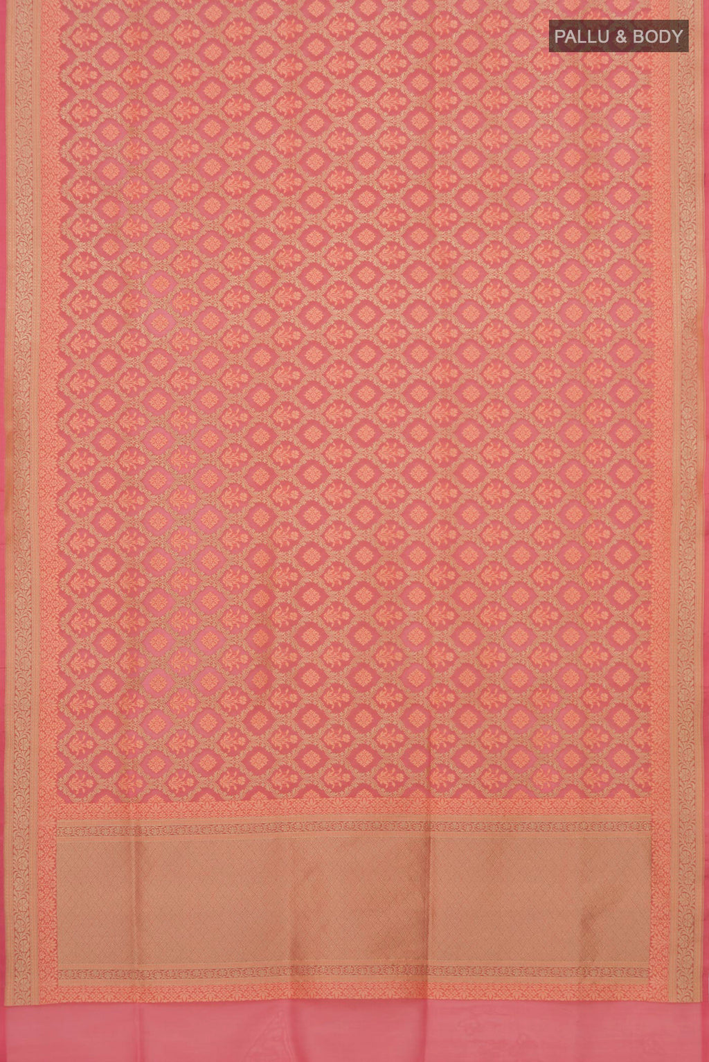 Flat view of Peach Banarasi Silk Saree with Thread Butta on the body and Zari Border. 