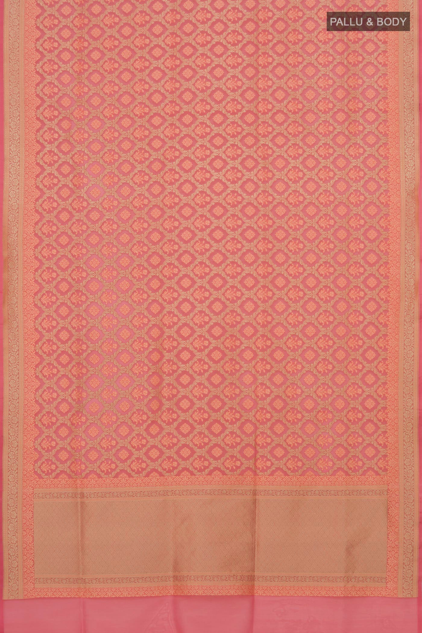 Flat view of Peach Banarasi Silk Saree with Thread Butta on the body and Zari Border. 