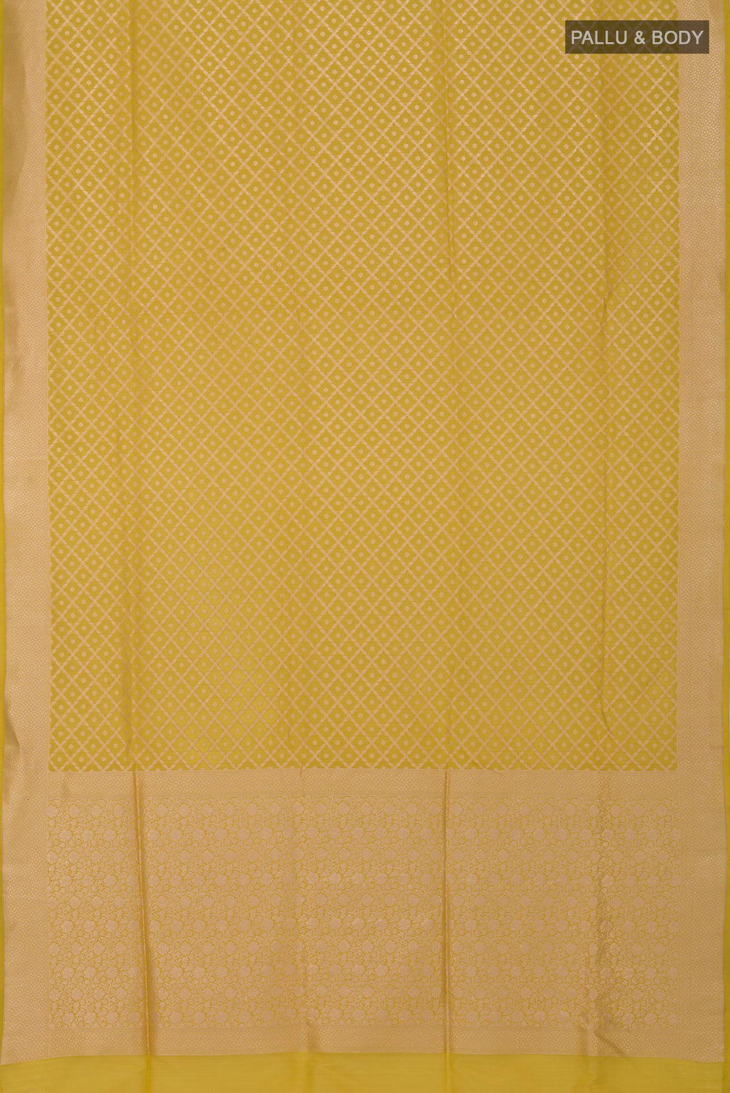 Flat view of Mustard Banarasi Silk Saree with Zari Brocade on the body and Zari Border. 