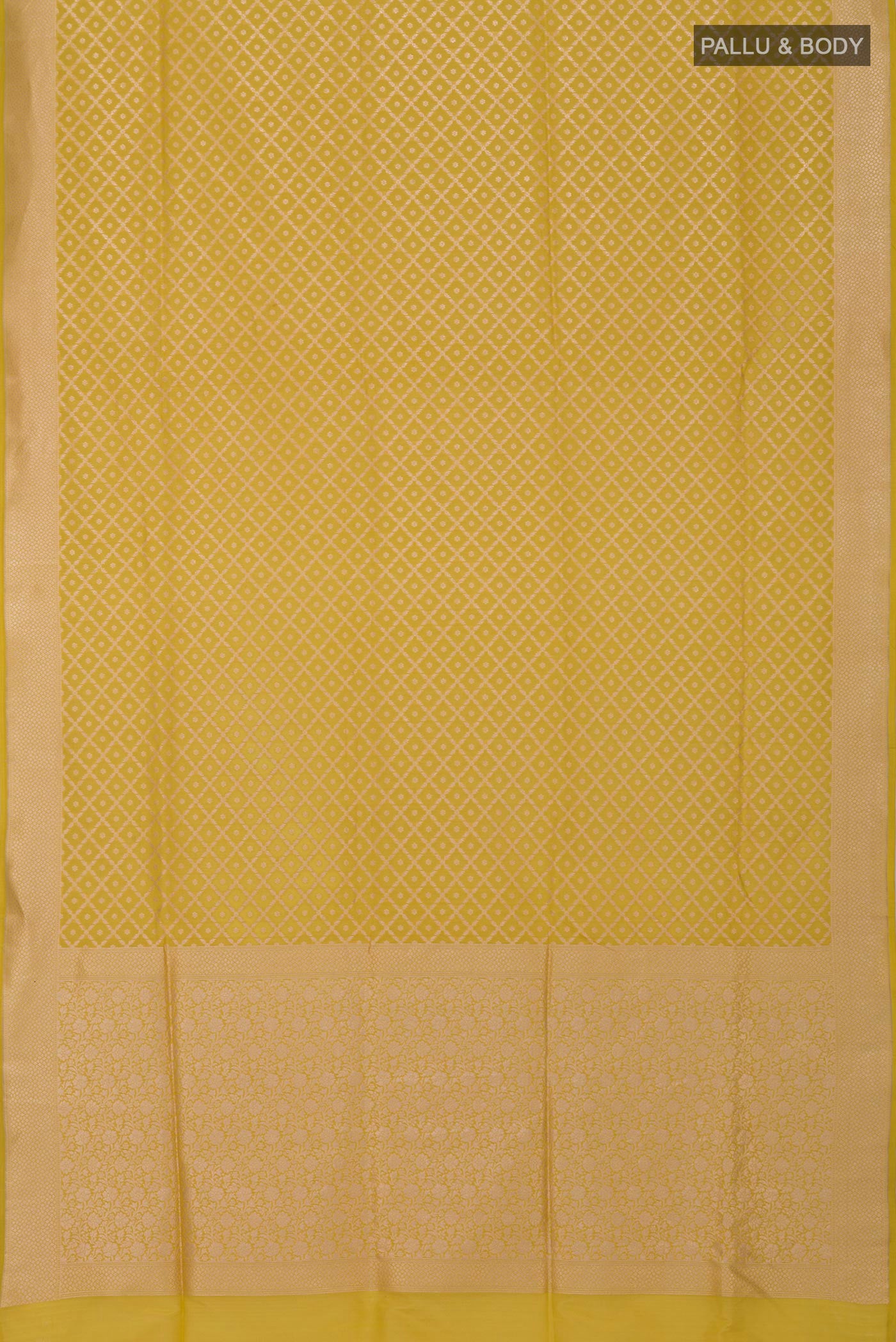 Flat view of Mustard Banarasi Silk Saree with Zari Brocade on the body and Zari Border. 
