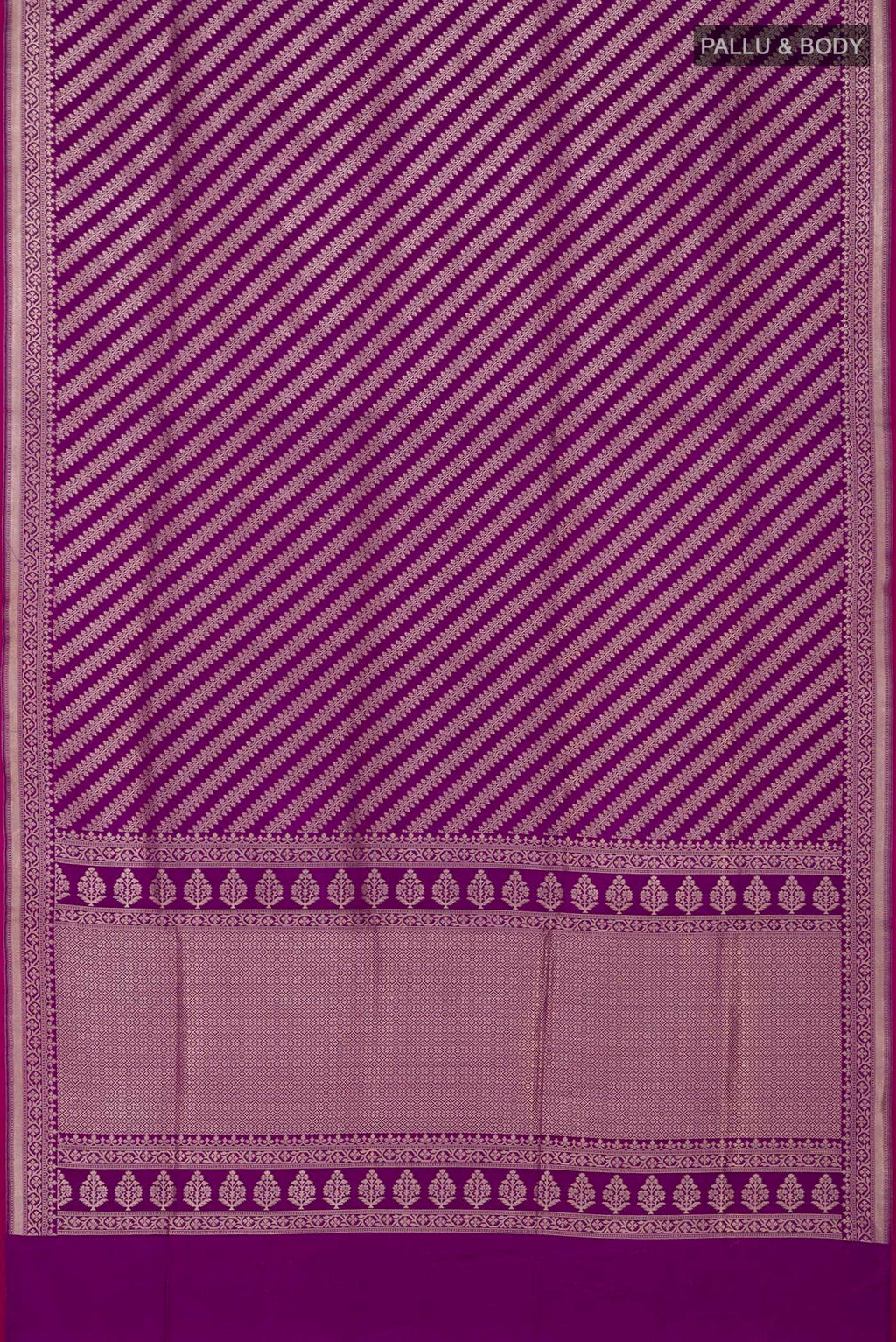 Flat view of Purple Banarasi Silk Saree with Zari Butta on the body and Zari Border. 