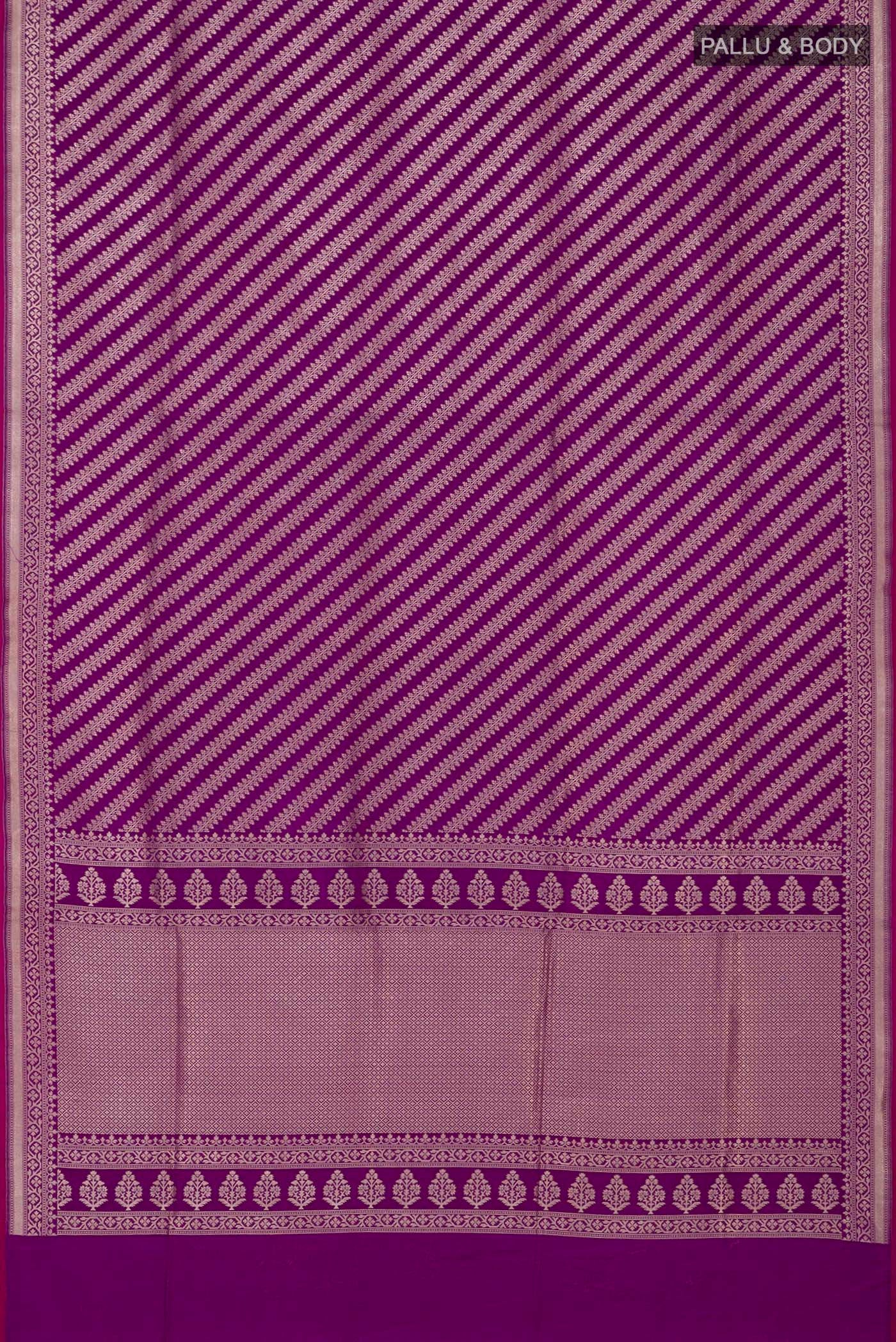 Flat view of Purple Banarasi Silk Saree with Zari Butta on the body and Zari Border. 