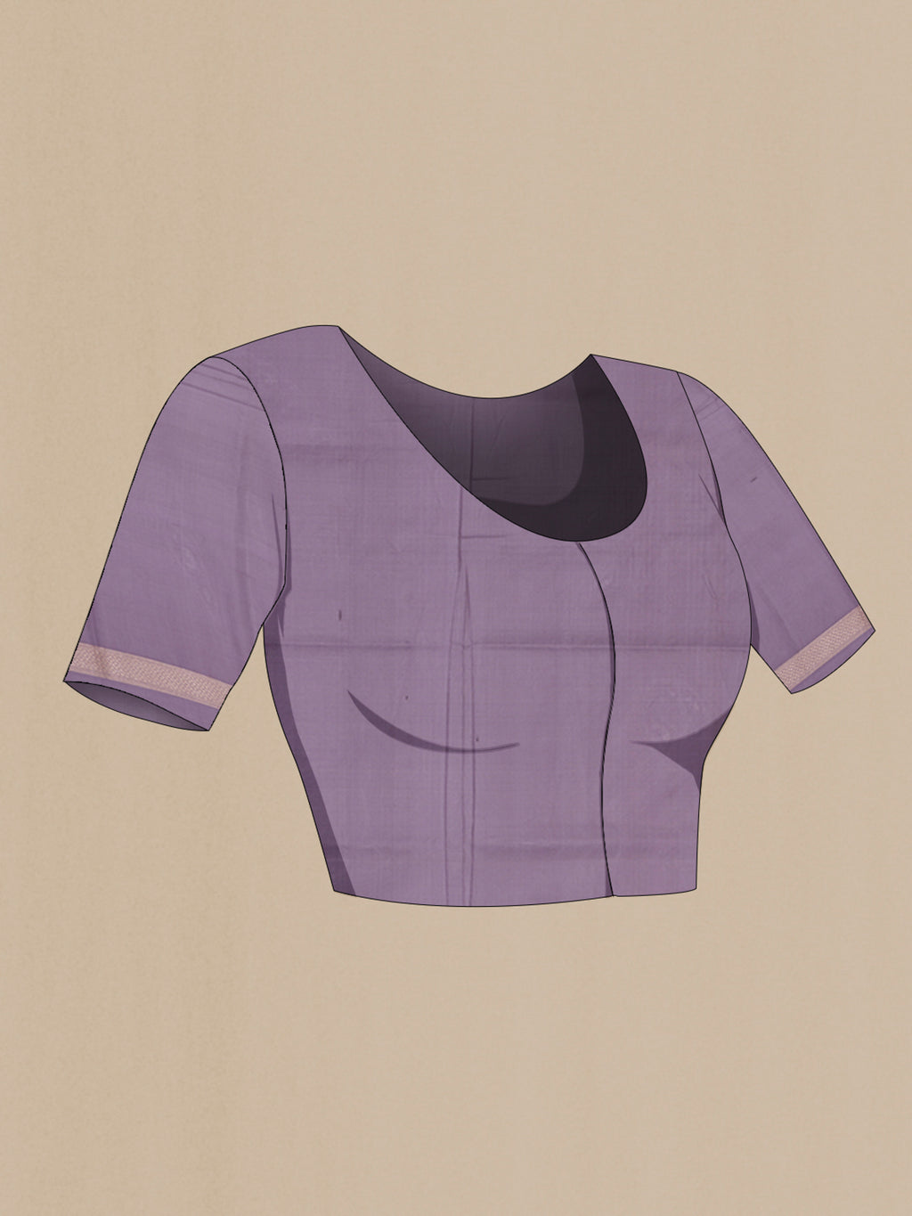 Close up image of the blouse of Lavender Banarasi Silk Saree with Zari Brocade on the body and Zari Border. 
