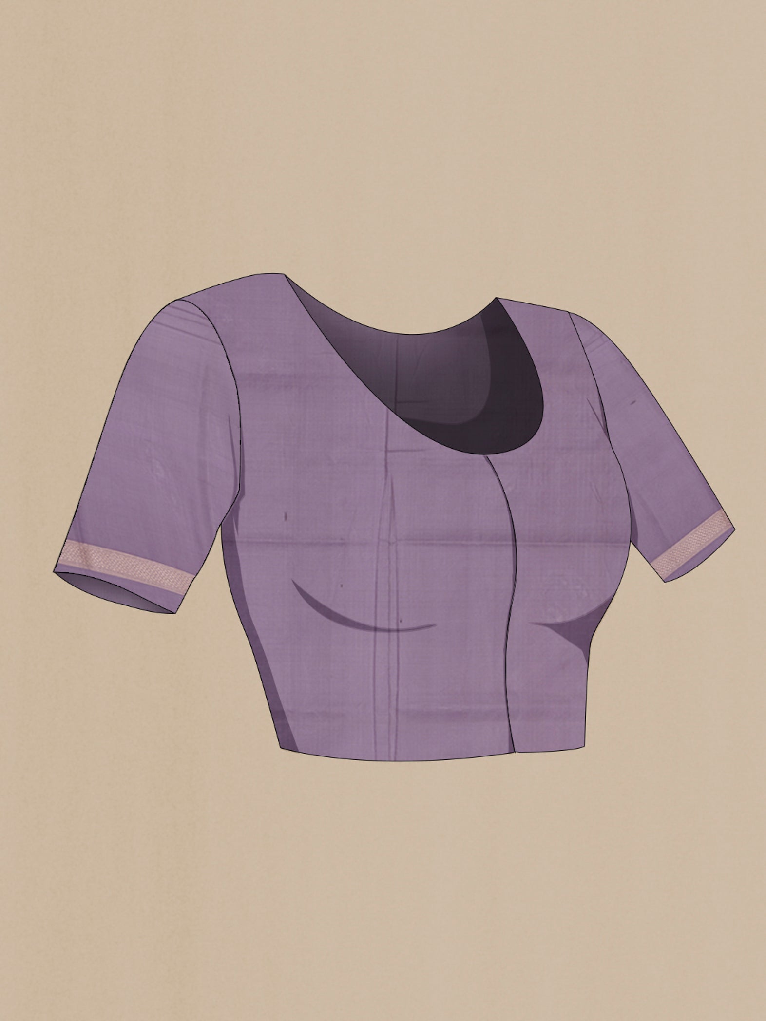 Close up image of the blouse of Lavender Banarasi Silk Saree with Zari Brocade on the body and Zari Border. 