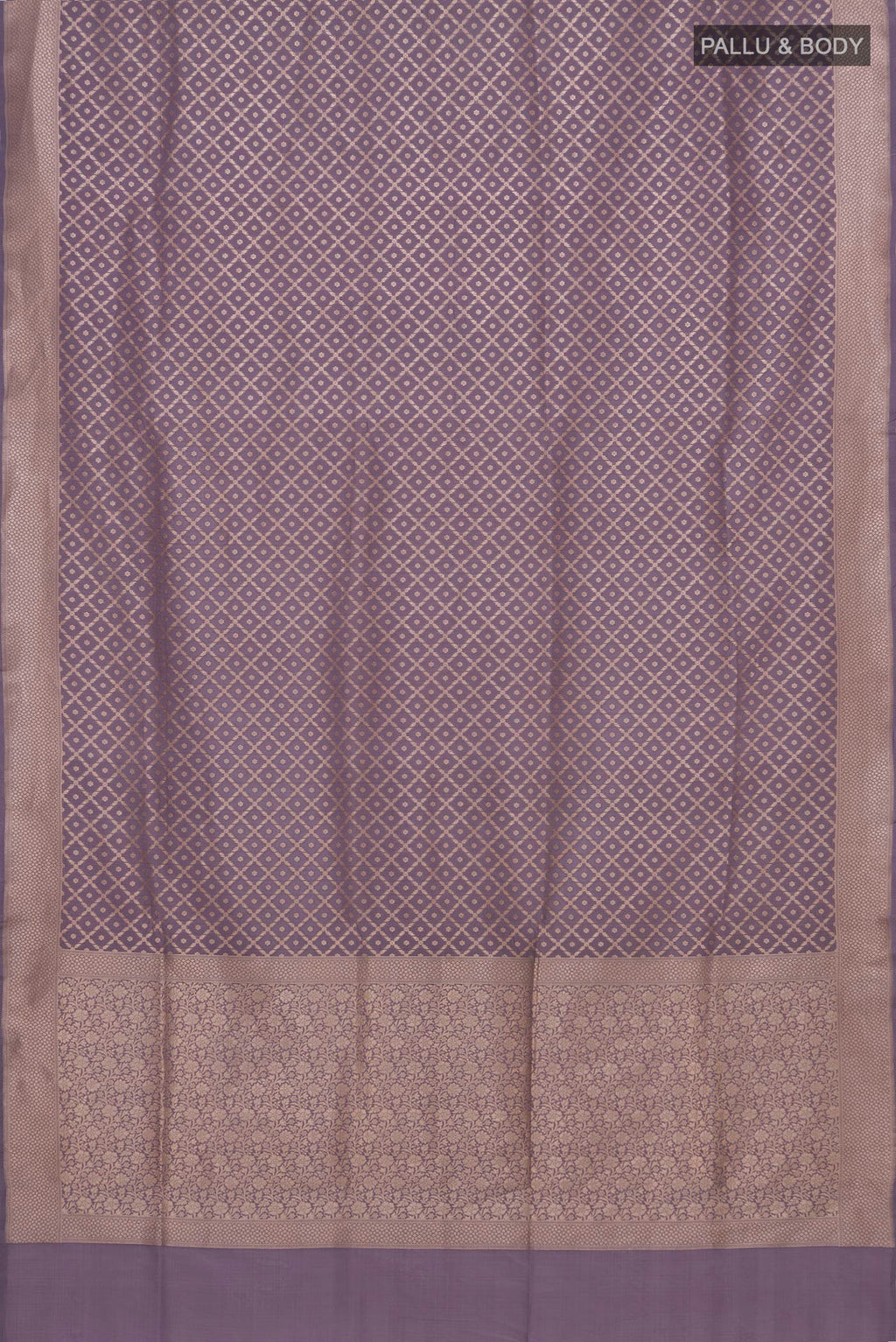 Flat view of Lavender Banarasi Silk Saree with Zari Brocade on the body and Zari Border. 