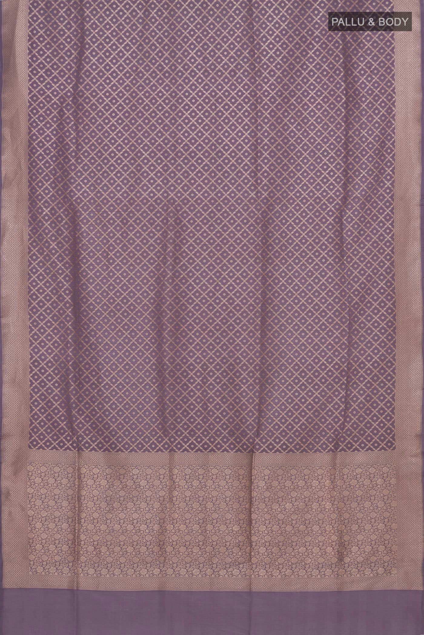 Flat view of Lavender Banarasi Silk Saree with Zari Brocade on the body and Zari Border. 