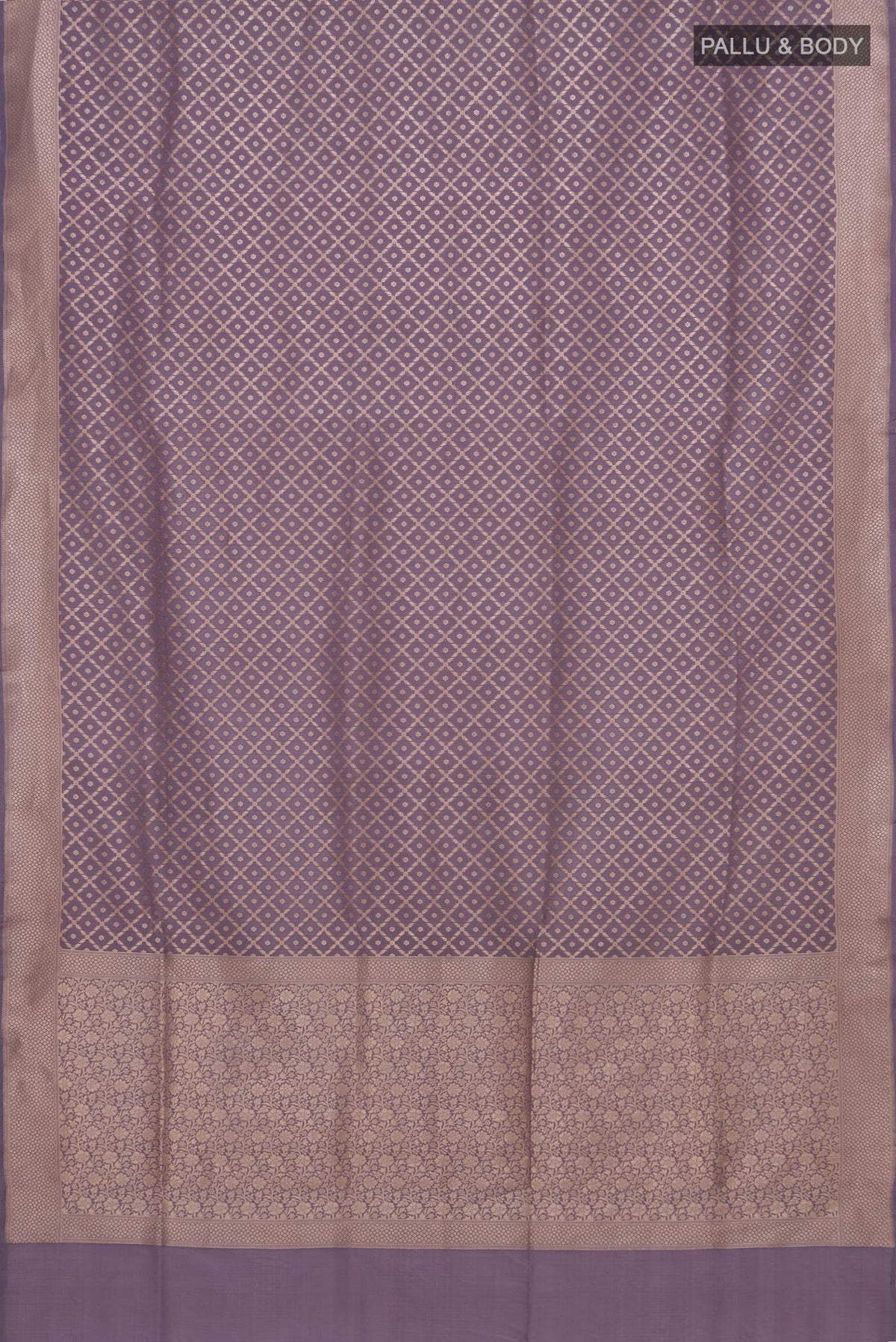 Flat view of Lavender Banarasi Silk Saree with Zari Brocade on the body and Zari Border. 