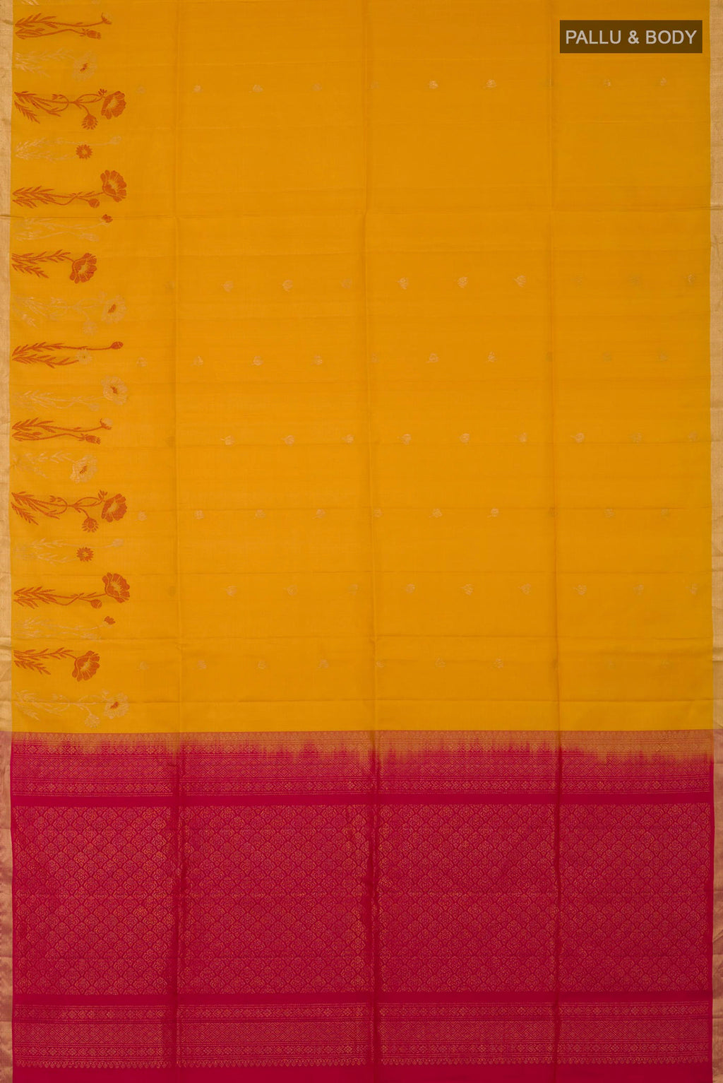 Flat view of Yellow Soft Silk Saree with Zari Butta on the body and Fancy Border. 
