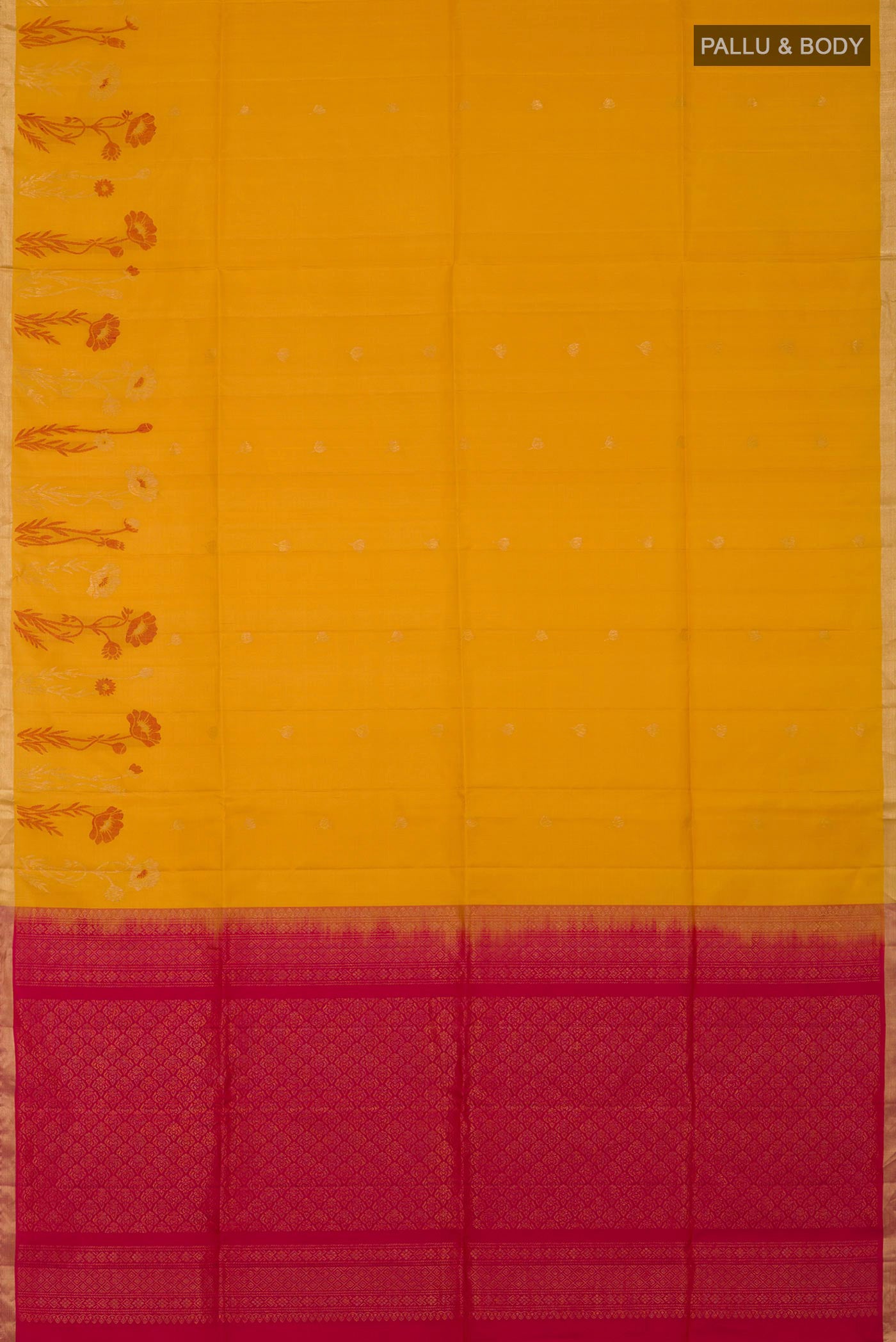 Flat view of Yellow Soft Silk Saree with Zari Butta on the body and Fancy Border. 