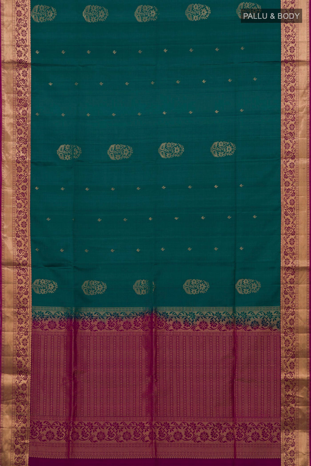 Flat view of Pure Silk Green Soft Saree with Zari Butta on the body and Zari Border. 