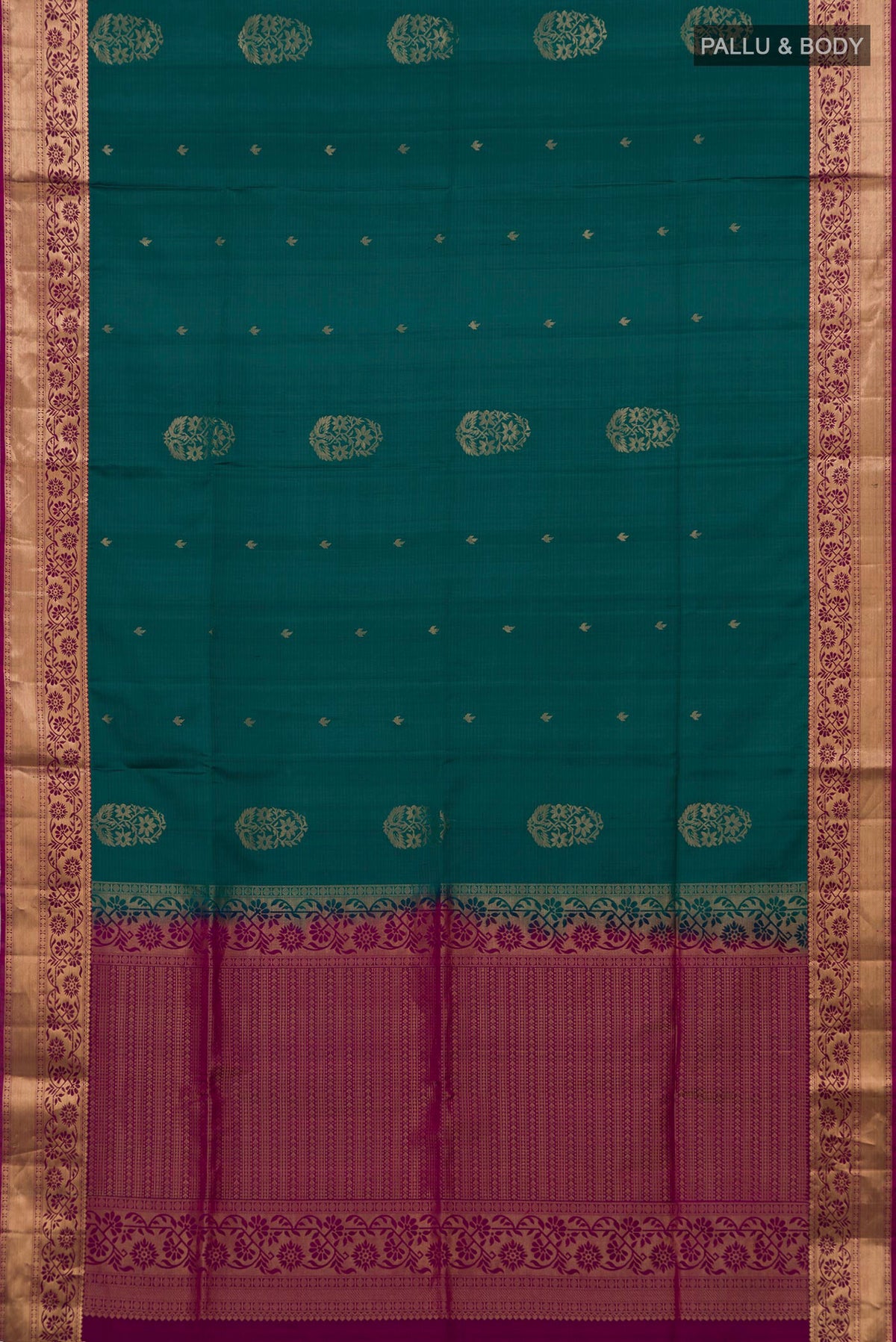 Flat view of Pure Silk Green Soft Saree with Zari Butta on the body and Zari Border. 
