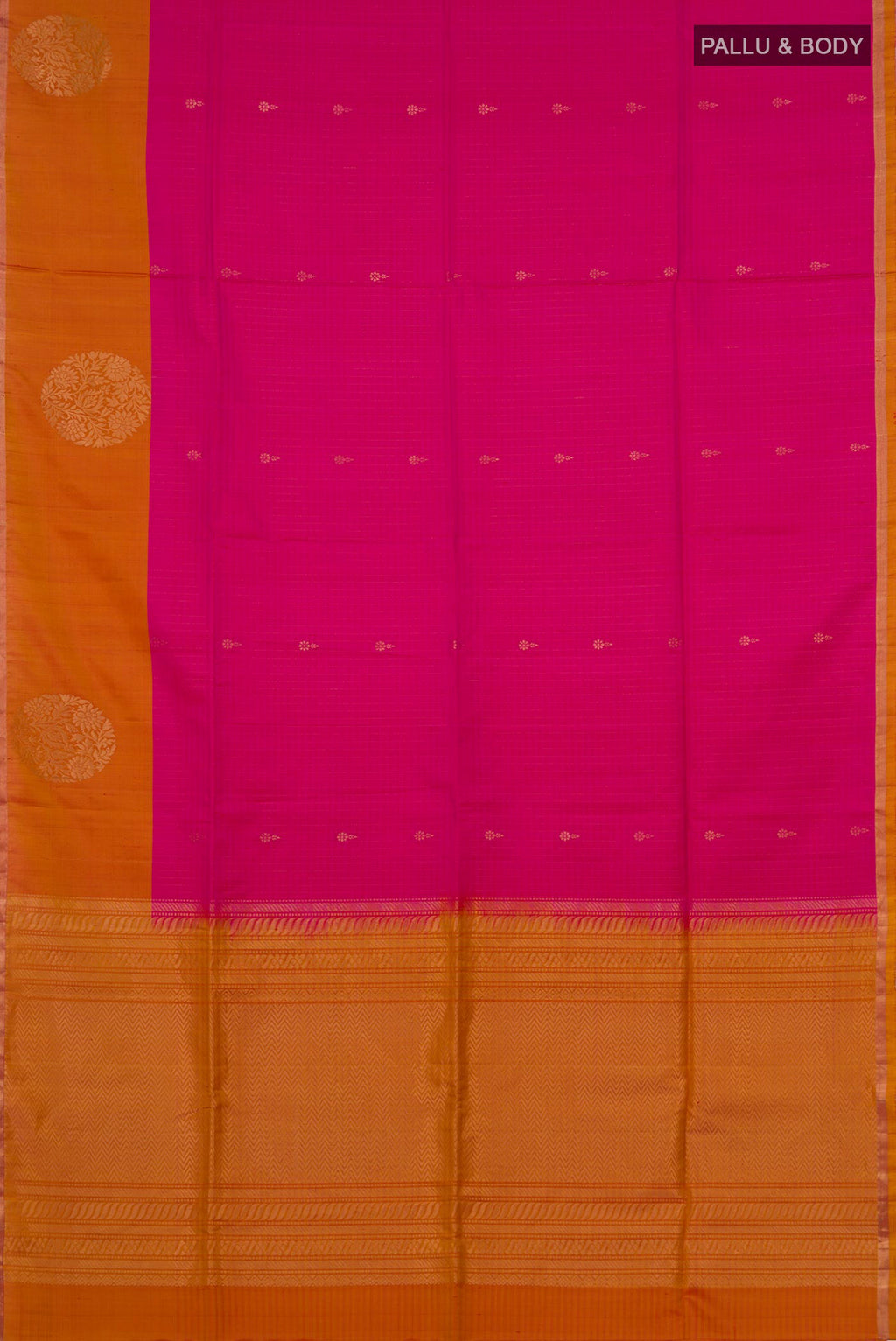 Flat view of Pure Silk Pink Soft Saree with Zari Butta on the body and Fancy Border. 