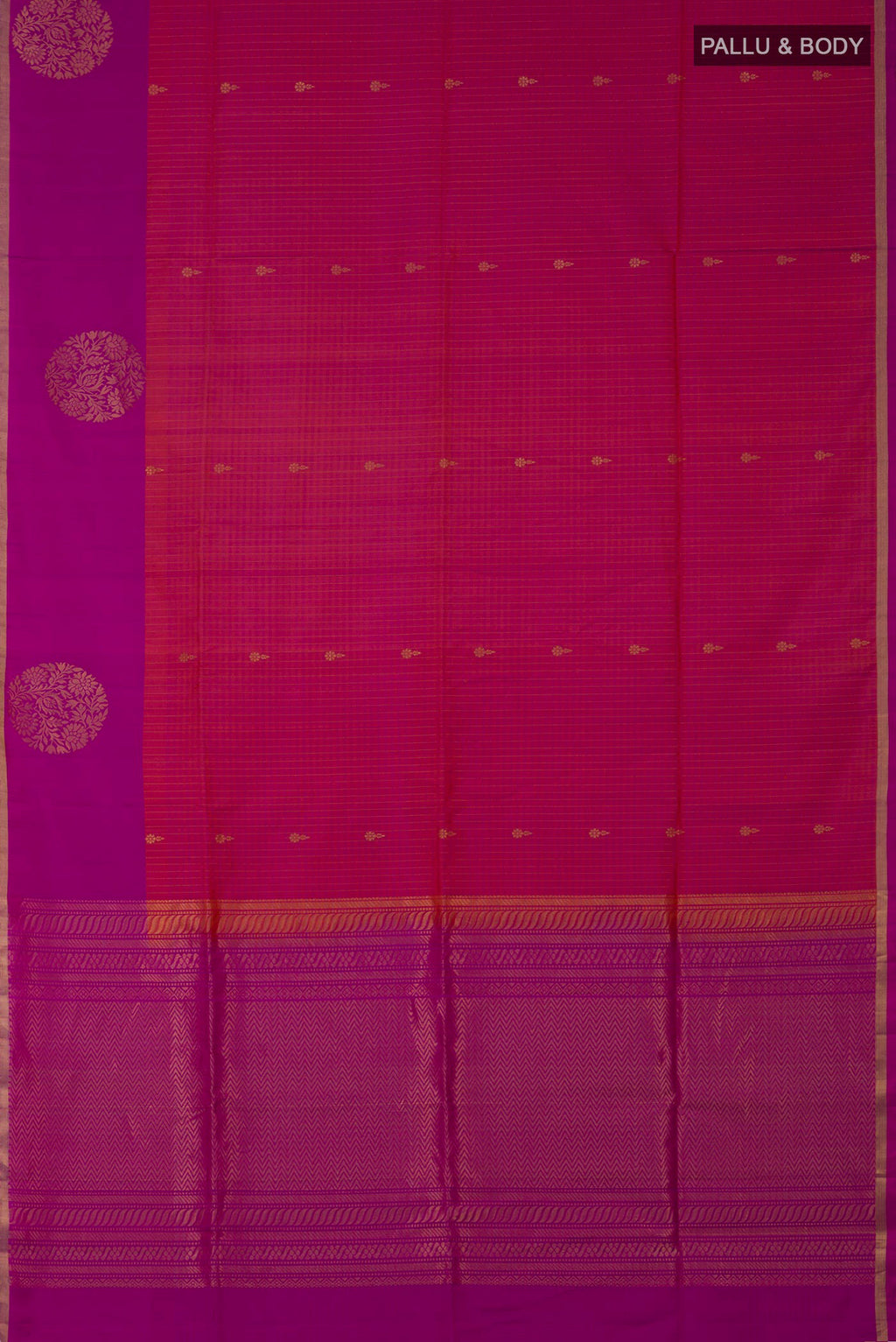 Flat view of Pink Soft Silk Saree with Checked design on the body and Fancy Border. 