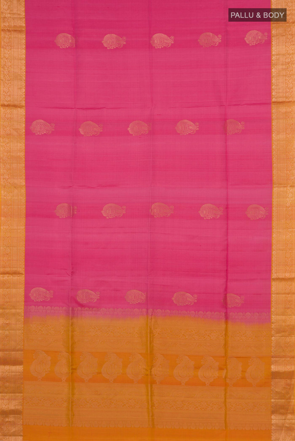 Flat view of Pure Silk Pink Soft Saree with Zari Butta on the body and Zari Border. 