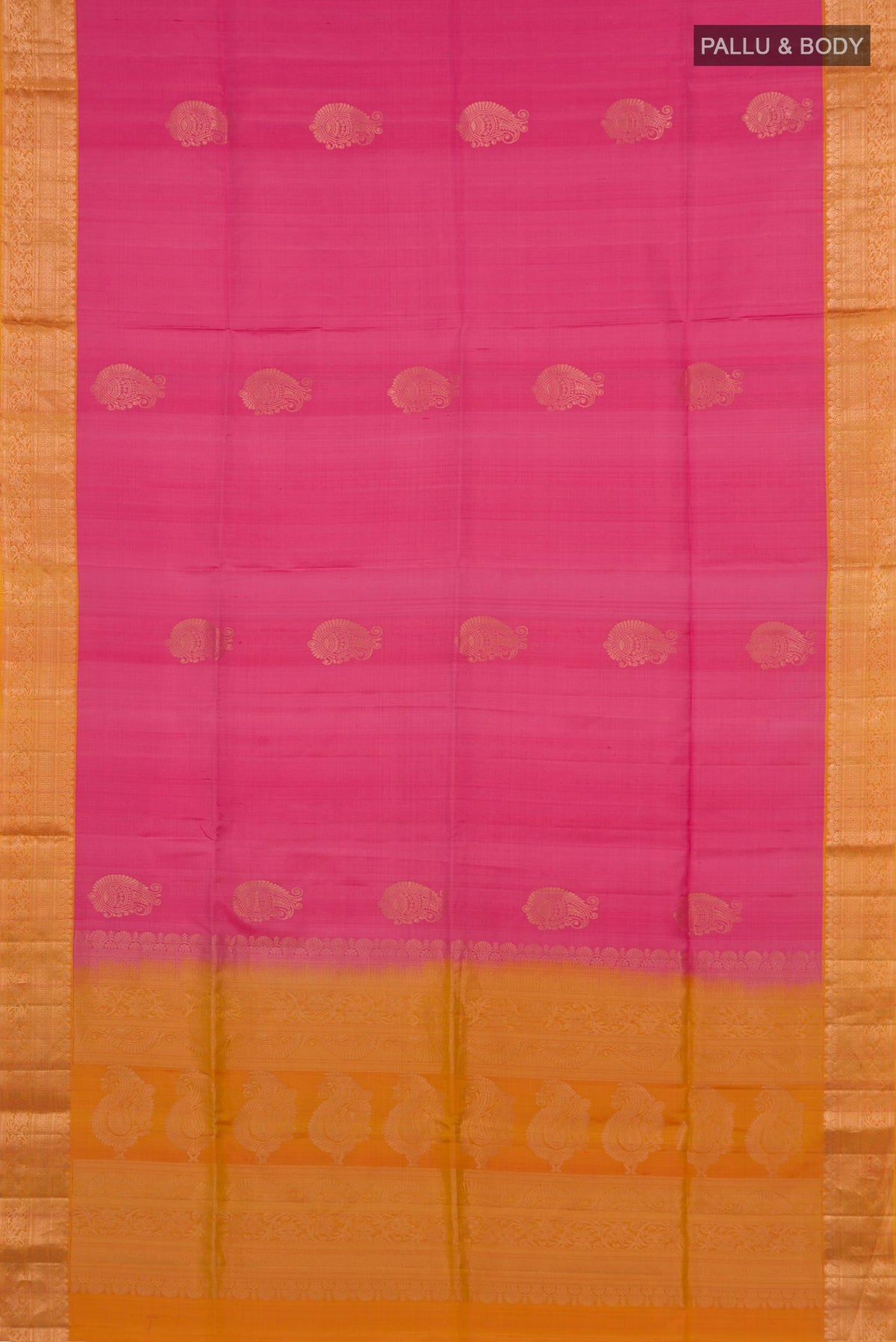 Flat view of Pure Silk Pink Soft Saree with Zari Butta on the body and Zari Border. 