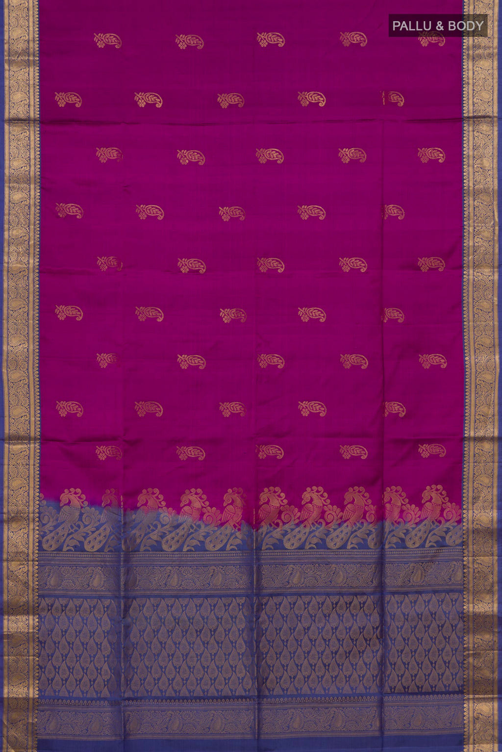 Flat view of Pure Silk Magenta Soft Saree with Zari Butta on the body and Zari Border. 