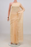 Pure Silk Sandal Soft Saree with Zari Butta on the body and Thin Zari Line.  displayed on a mannequin