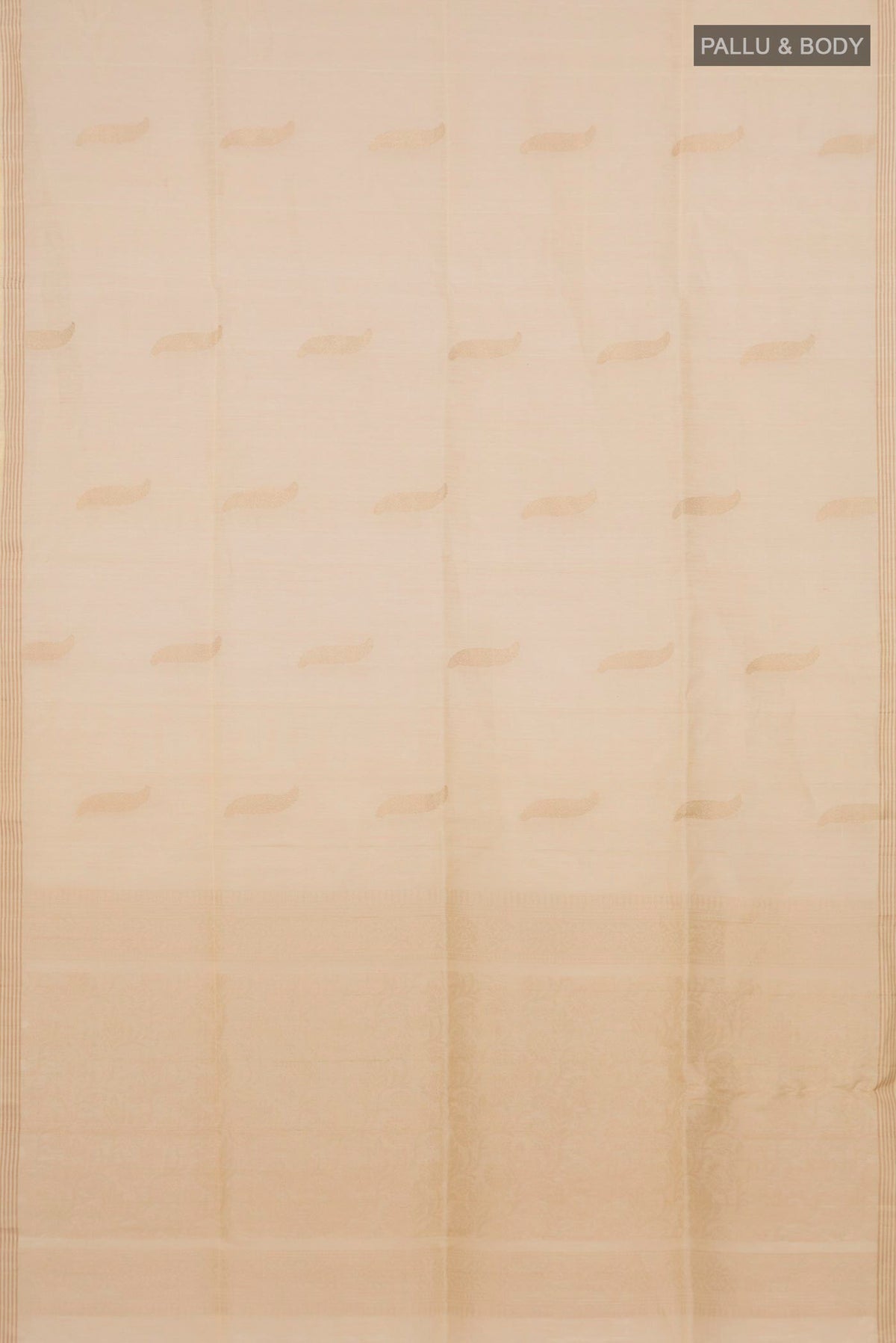 Flat view of Pure Silk Sandal Soft Saree with Zari Butta on the body and Thin Zari Line. 
