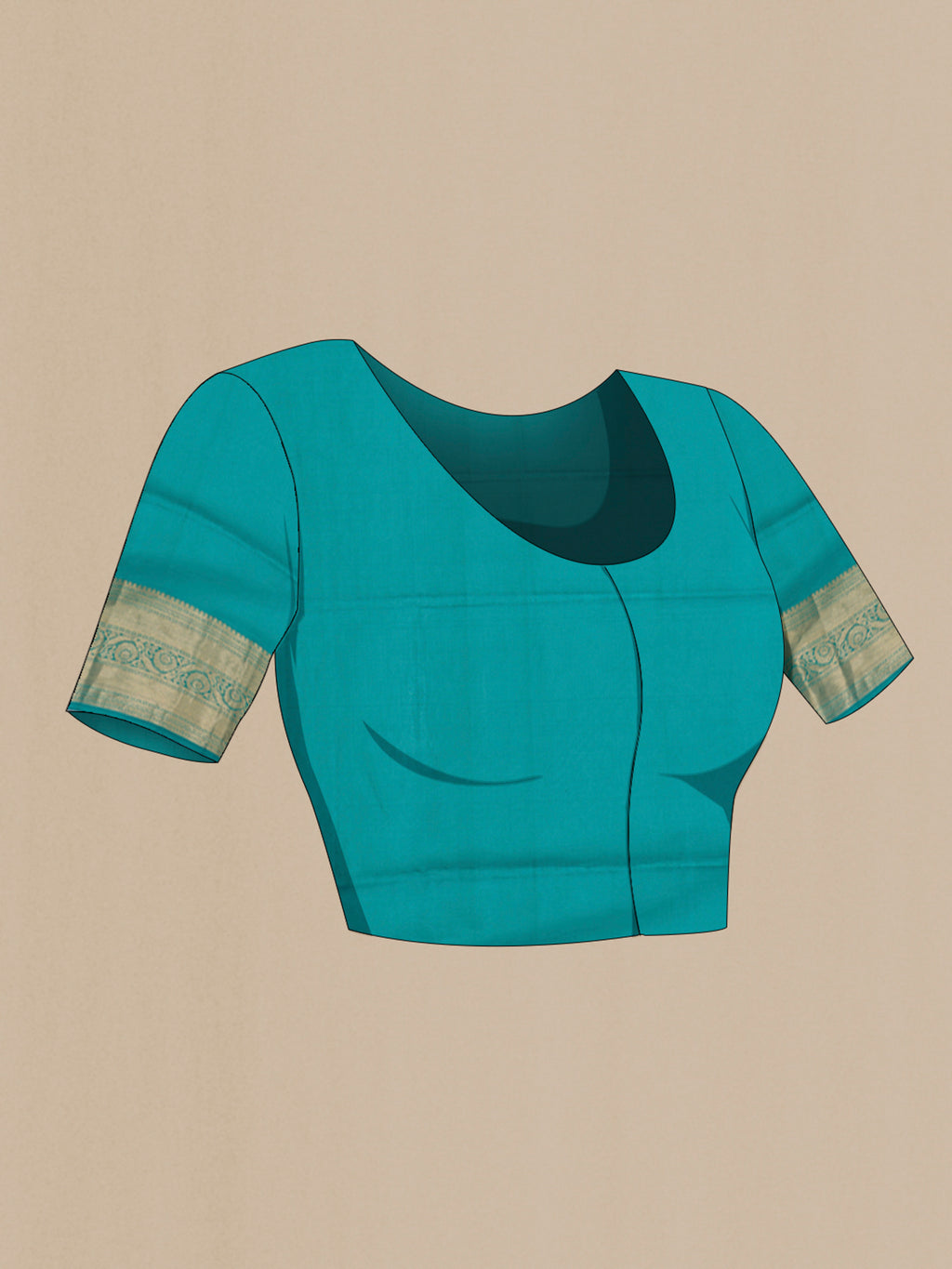 Close up image of the blouse of Turquoise Silk Cotton Saree with Zari Butta on the body and Zari Border. 