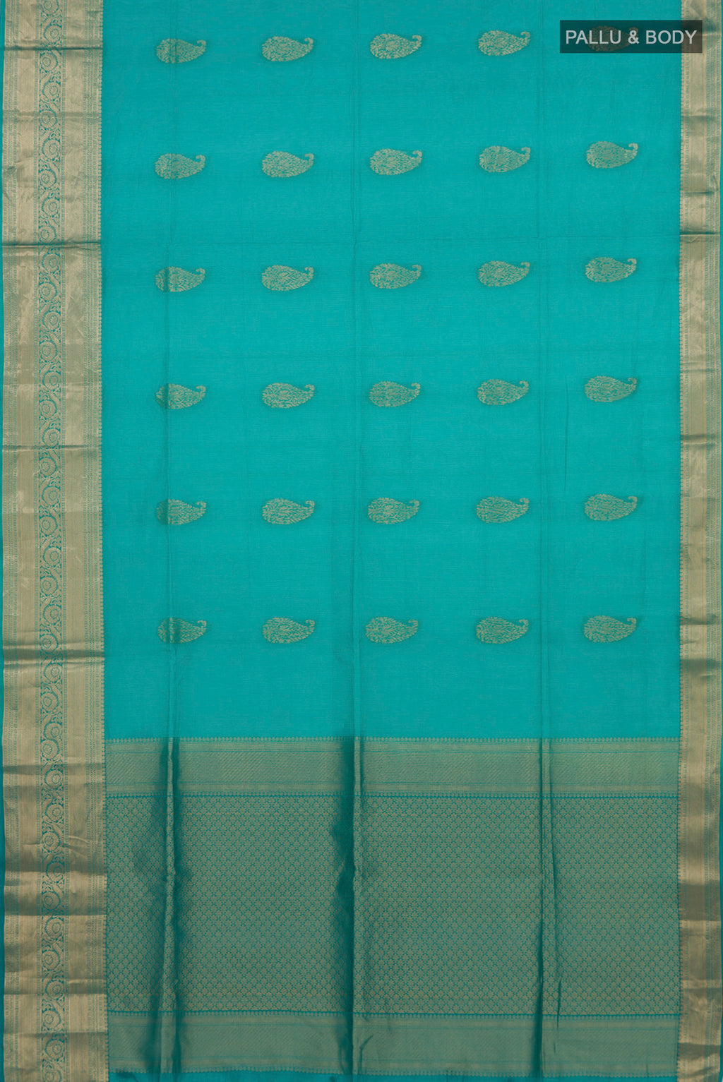 Flat view of Turquoise Silk Cotton Saree with Zari Butta on the body and Zari Border. 