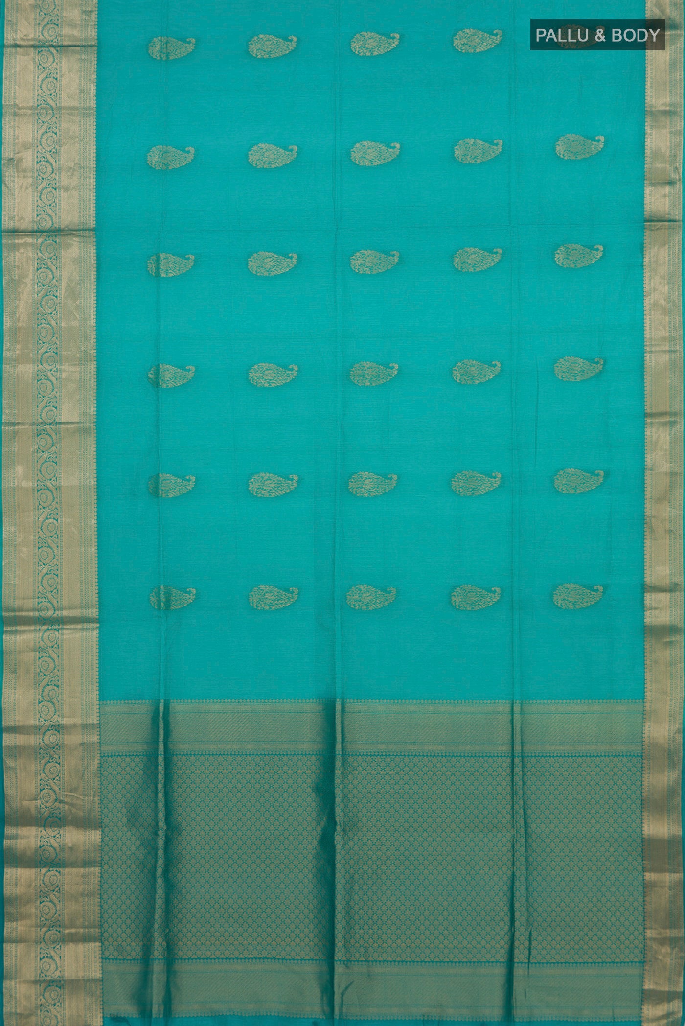 Flat view of Turquoise Silk Cotton Saree with Zari Butta on the body and Zari Border. 