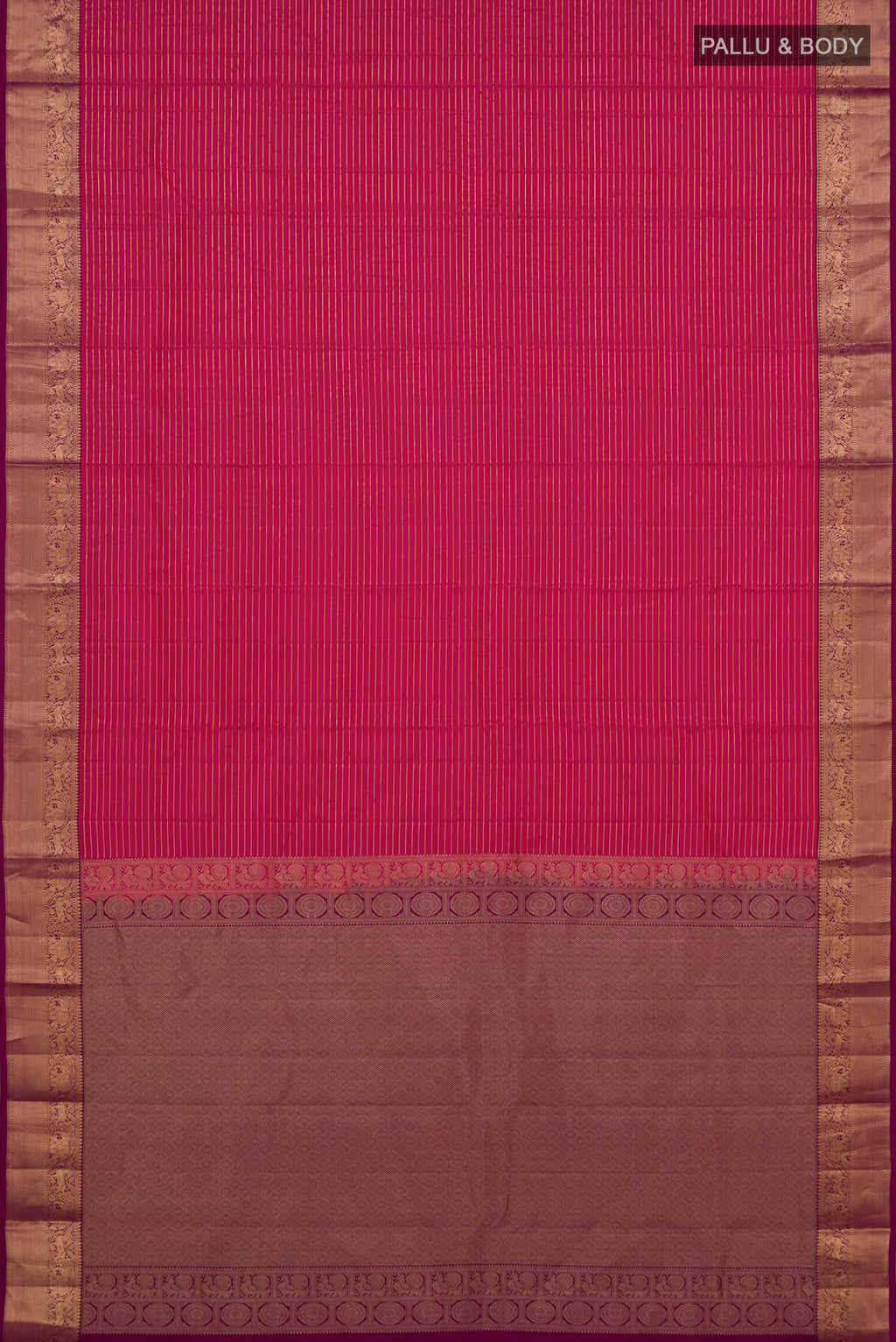 Flat view of Pink Kanjivaram Silk Saree with Stripes on the body and Zari Border. 