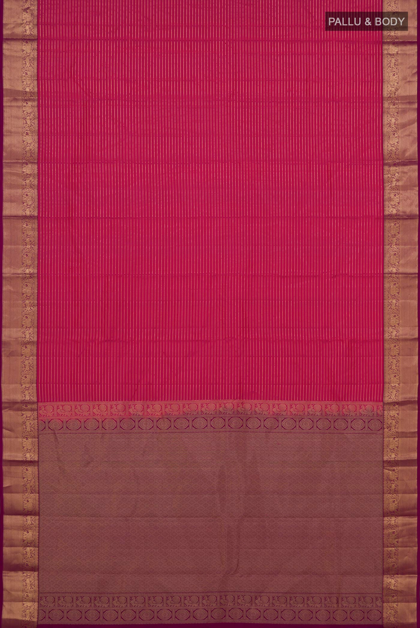 Flat view of Pink Kanjivaram Silk Saree with Stripes on the body and Zari Border. 