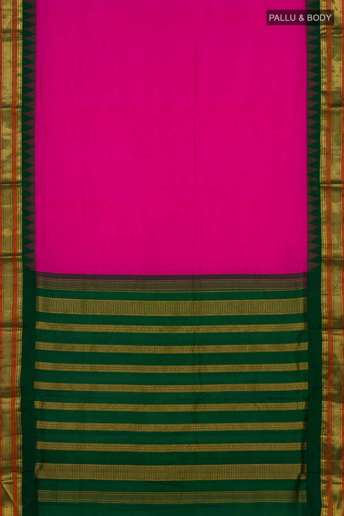 Flat view of Pure Silk Rani Pink Kanjivaram Nine Yards Saree with Plain Body and Temple Border. 