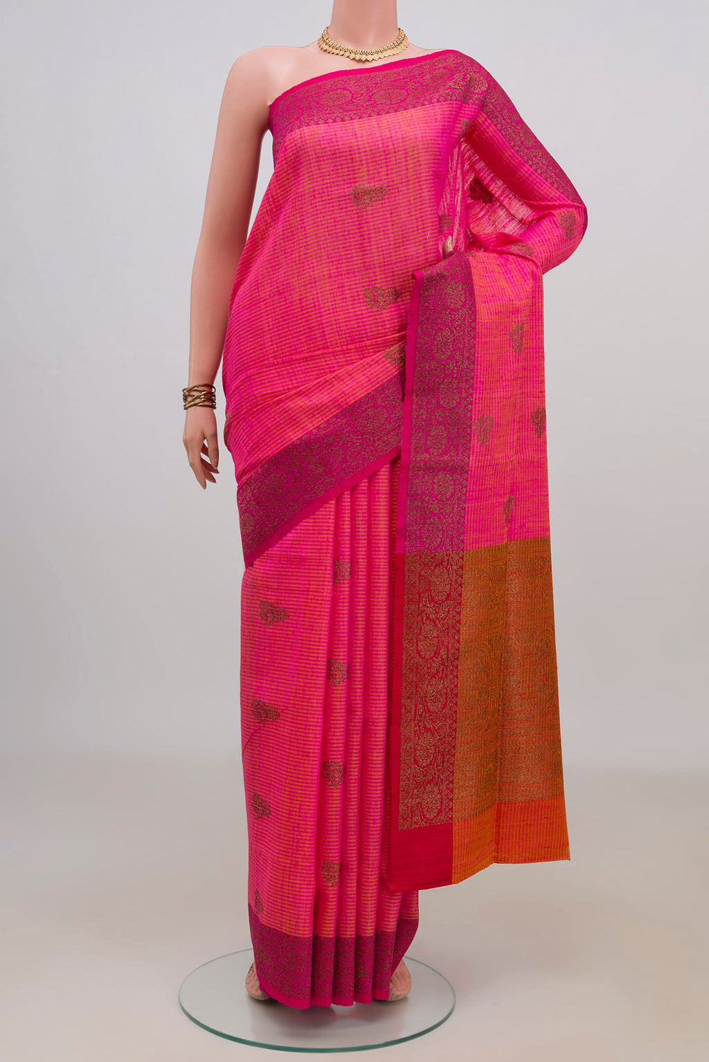 Pure Silk Pink Banarasi Saree with Zari Butta on the body and Fancy Border.  displayed on a mannequin