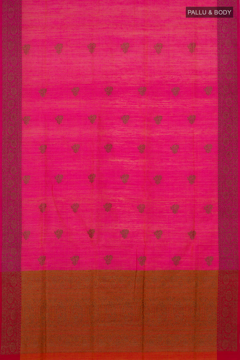 Flat view of Pure Silk Pink Banarasi Saree with Zari Butta on the body and Fancy Border. 